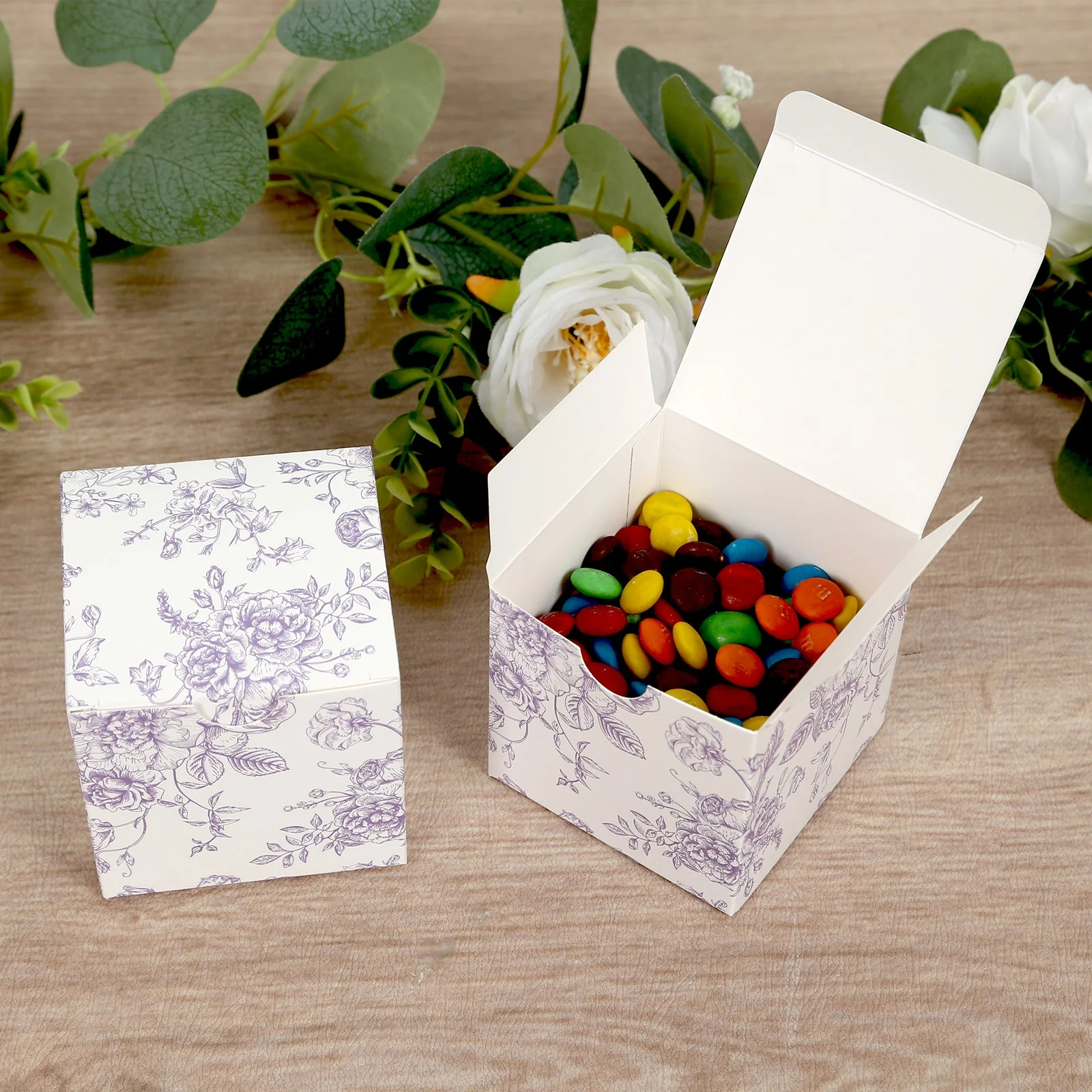 25 Pack Party Favor Gift Boxes in French Toile Pattern - Matte Lavender and White Candy Treat Boxes, Cardstock Paper - 3"x3" - Image 4
