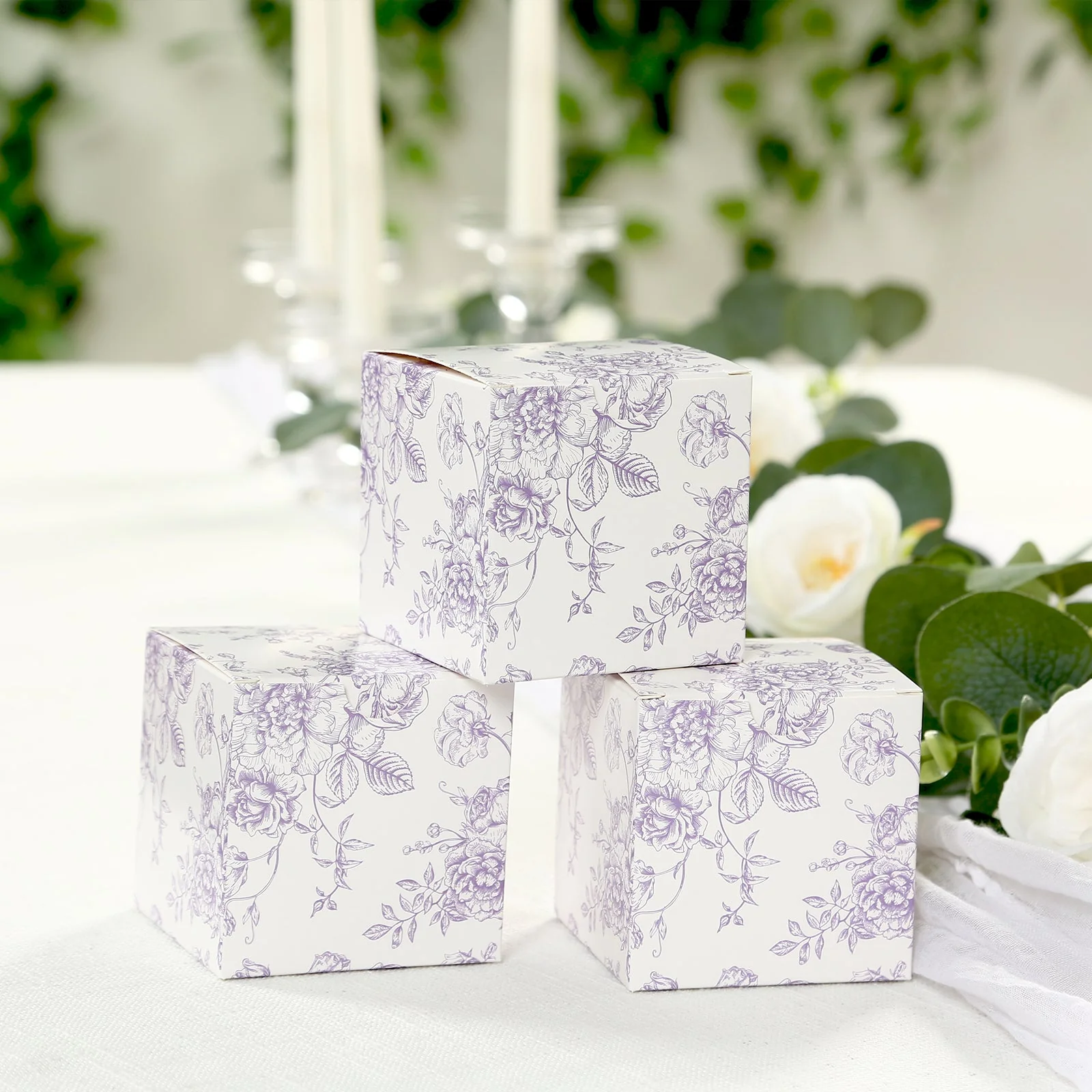 25 Pack Party Favor Gift Boxes in French Toile Pattern - Matte Lavender and White Candy Treat Boxes, Cardstock Paper - 3"x3" - Image 5