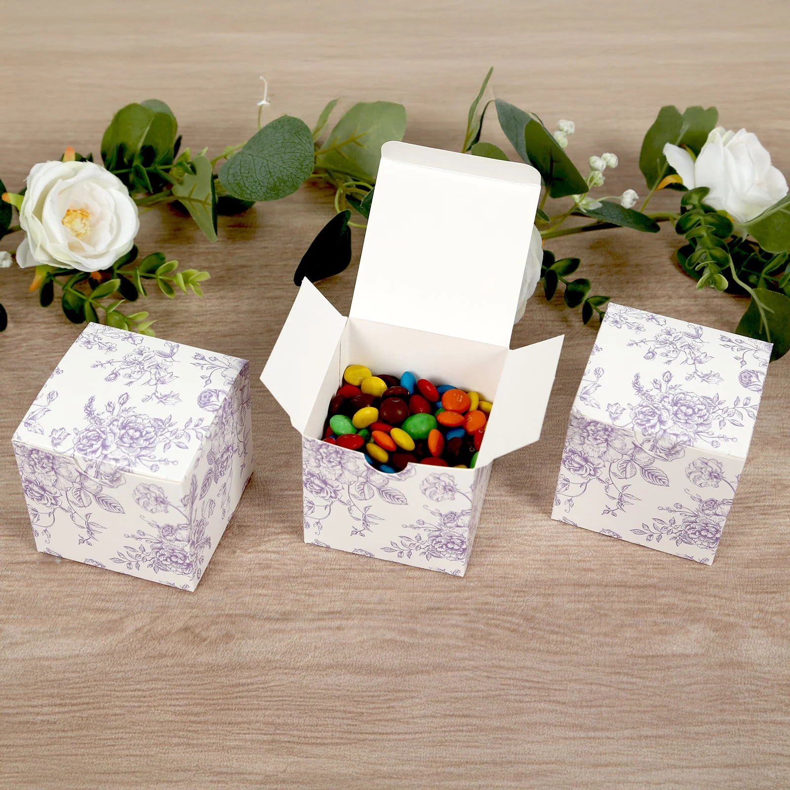 25 Pack Party Favor Gift Boxes in French Toile Pattern - Matte Lavender and White Candy Treat Boxes, Cardstock Paper - 3"x3" - Image 7
