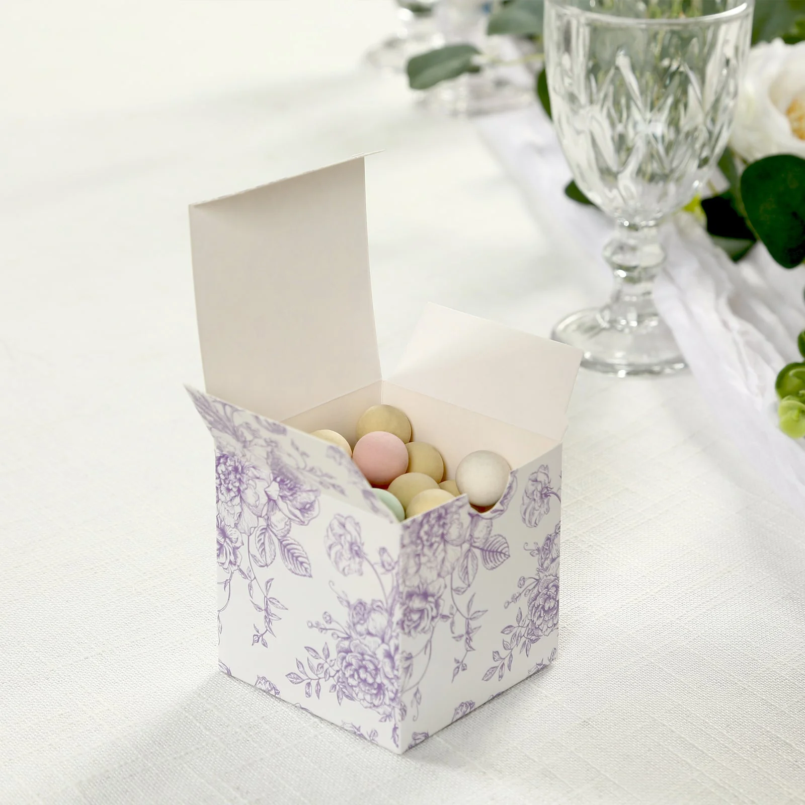 25 Pack Party Favor Gift Boxes in French Toile Pattern - Matte Lavender and White Candy Treat Boxes, Cardstock Paper - 3"x3" - Image 8