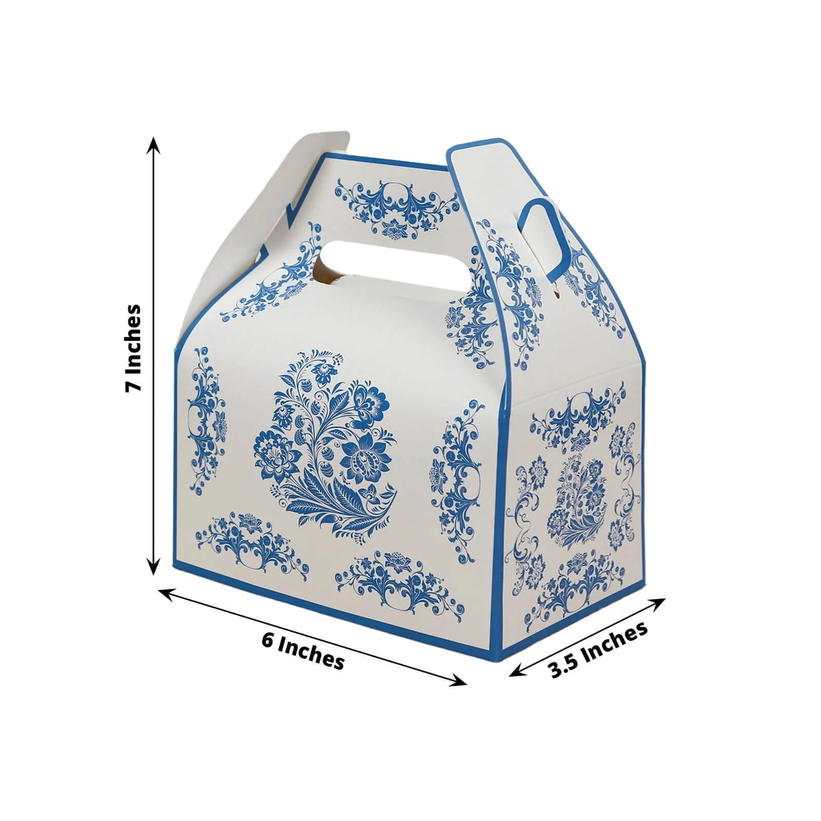25 Pack Party Favor Tote Gable Boxes in White Royal Blue Damask Floral Pattern, Candy Treat Gift Boxes - 6"x3.5"x7" - Image 2