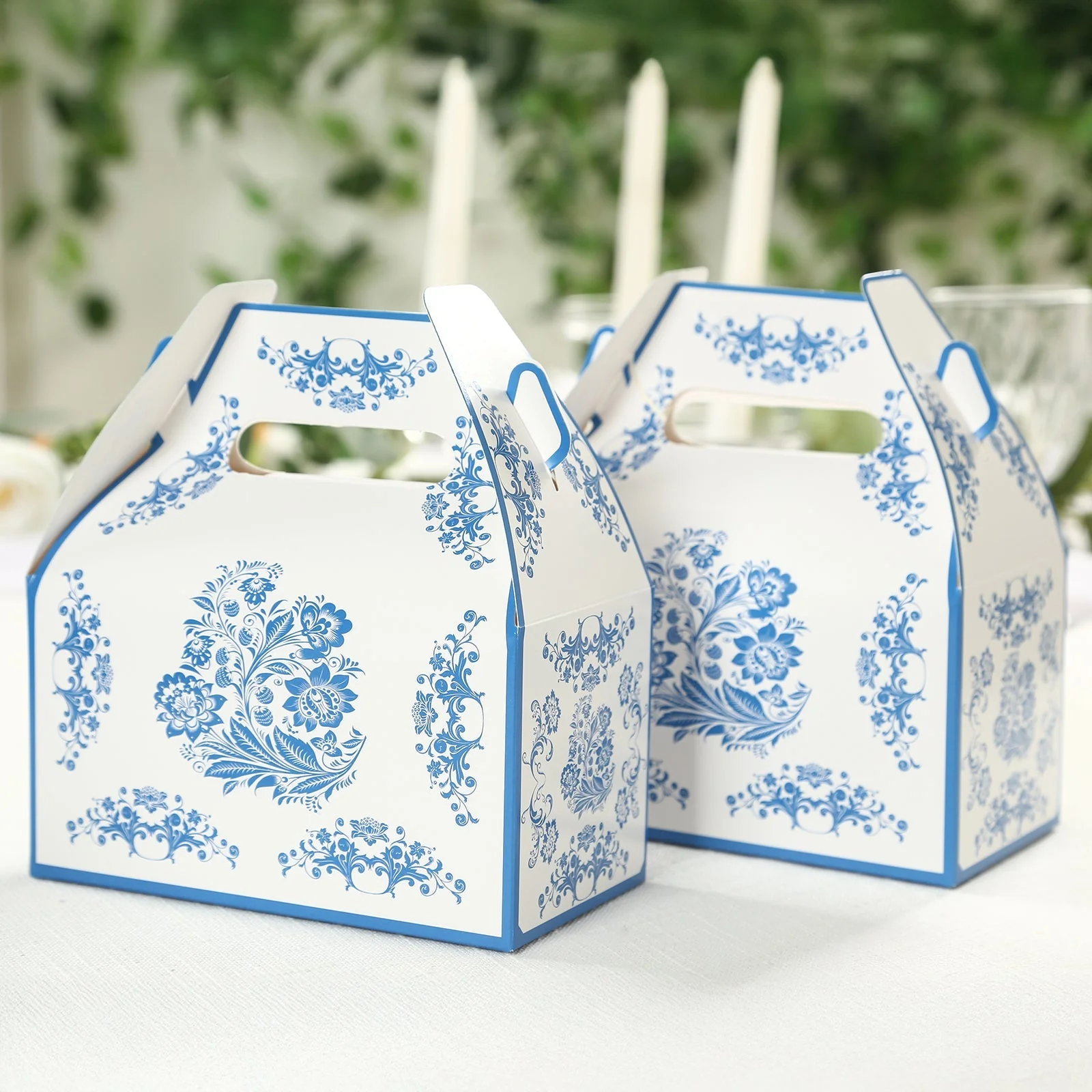 25 Pack Party Favor Tote Gable Boxes in White Royal Blue Damask Floral Pattern, Candy Treat Gift Boxes - 6"x3.5"x7" - Image 3