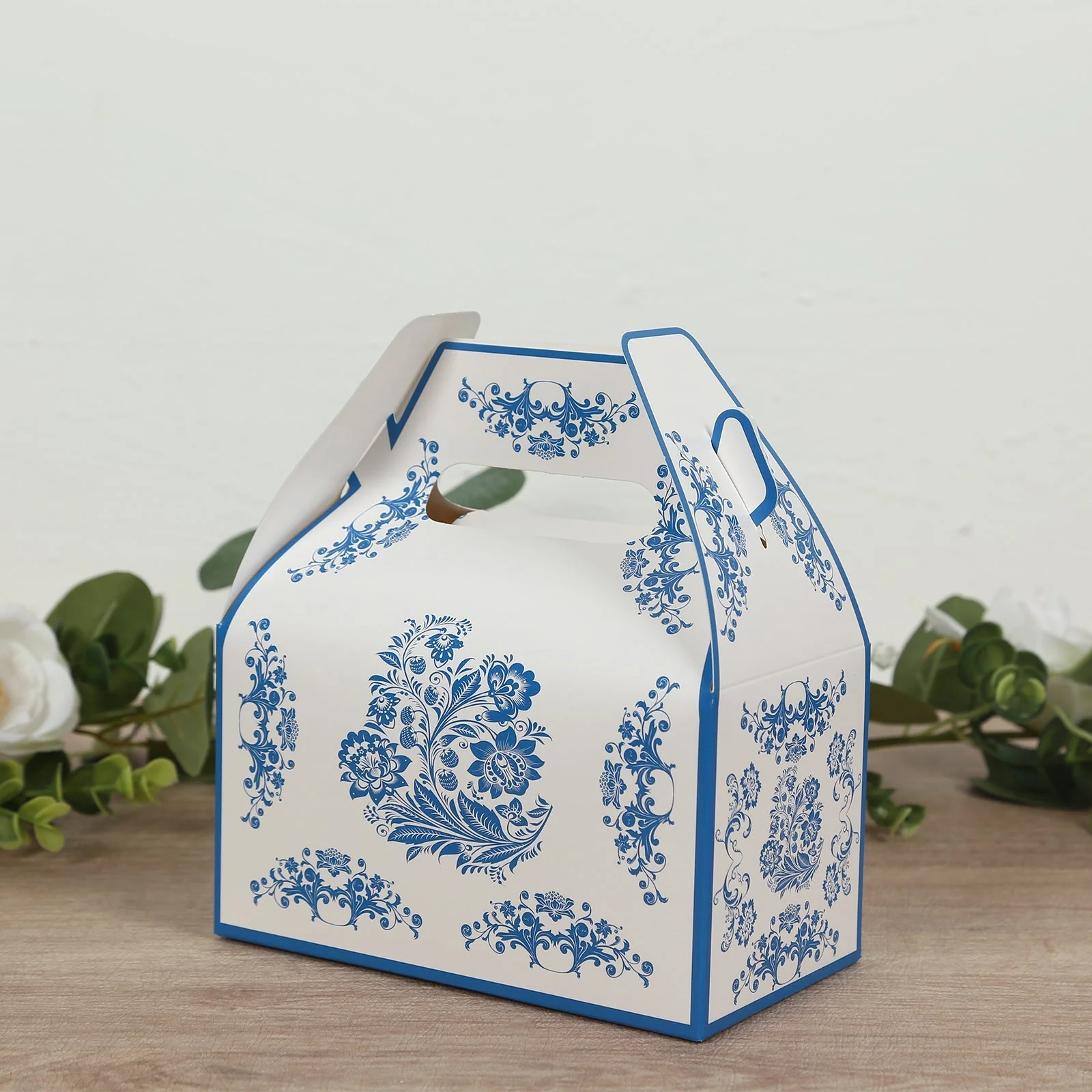 25 Pack Party Favor Tote Gable Boxes in White Royal Blue Damask Floral Pattern, Candy Treat Gift Boxes - 6"x3.5"x7" - Image 4