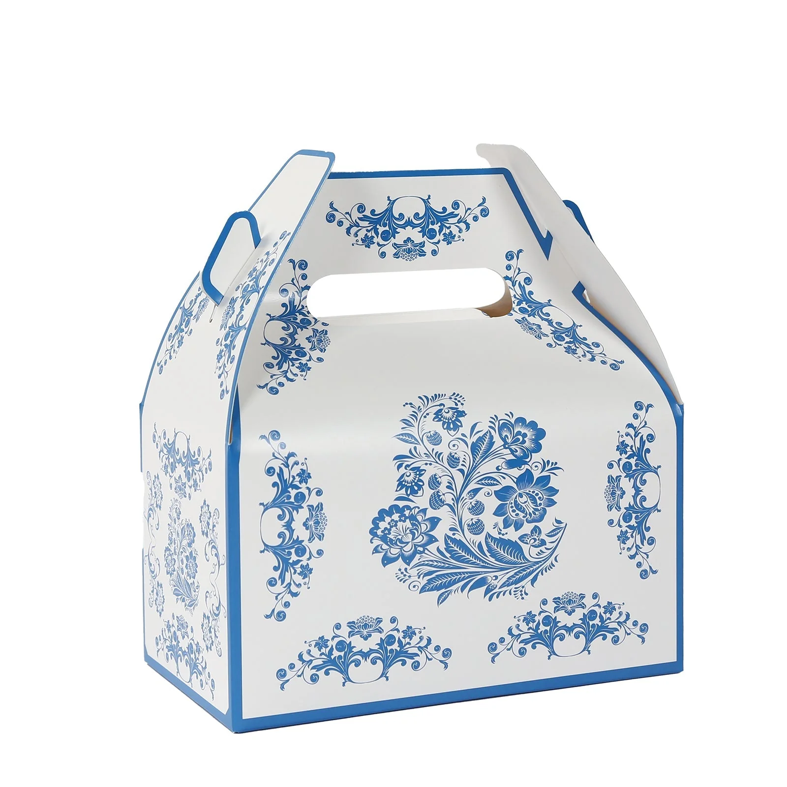 25 Pack Party Favor Tote Gable Boxes in White Royal Blue Damask Floral Pattern, Candy Treat Gift Boxes - 6"x3.5"x7" - Image 5