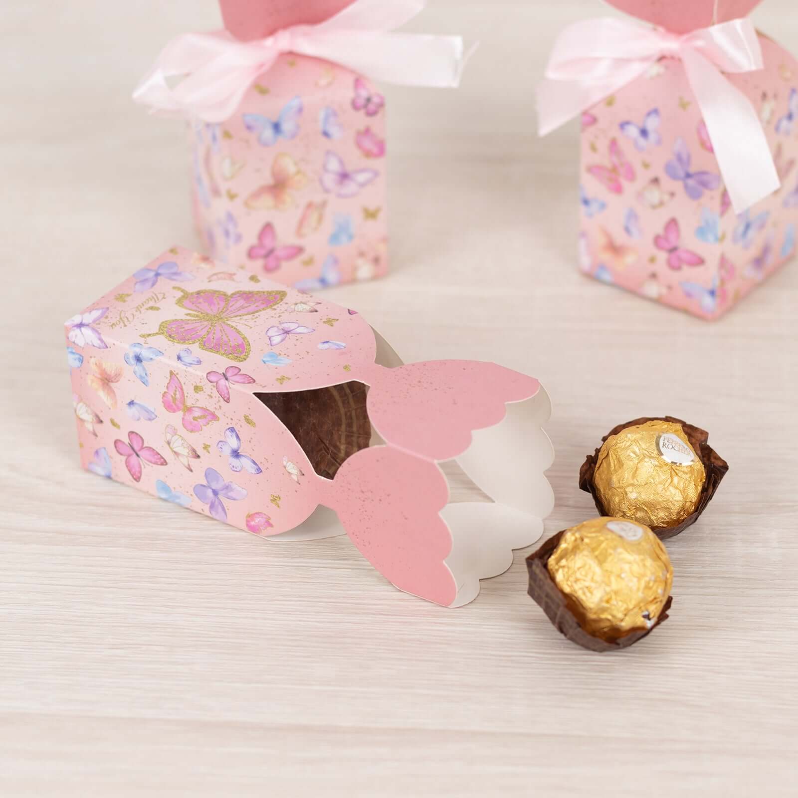 25 Pack Pink Floral Top Party Favor Boxes With Butterfly Print, Cardstock Paper Candy Gift Boxes With Satin Ribbons - 2"x5" - Image 2