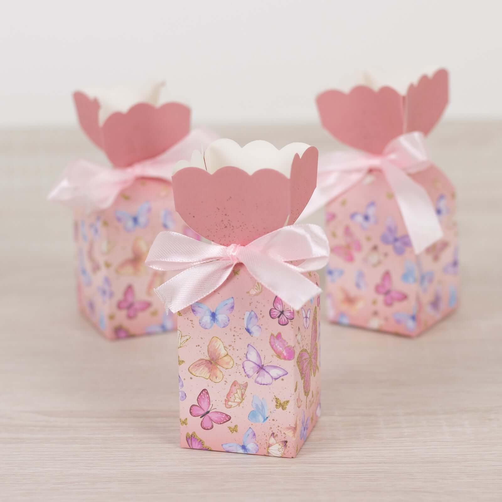 25 Pack Pink Floral Top Party Favor Boxes With Butterfly Print, Cardstock Paper Candy Gift Boxes With Satin Ribbons - 2"x5" - Image 4