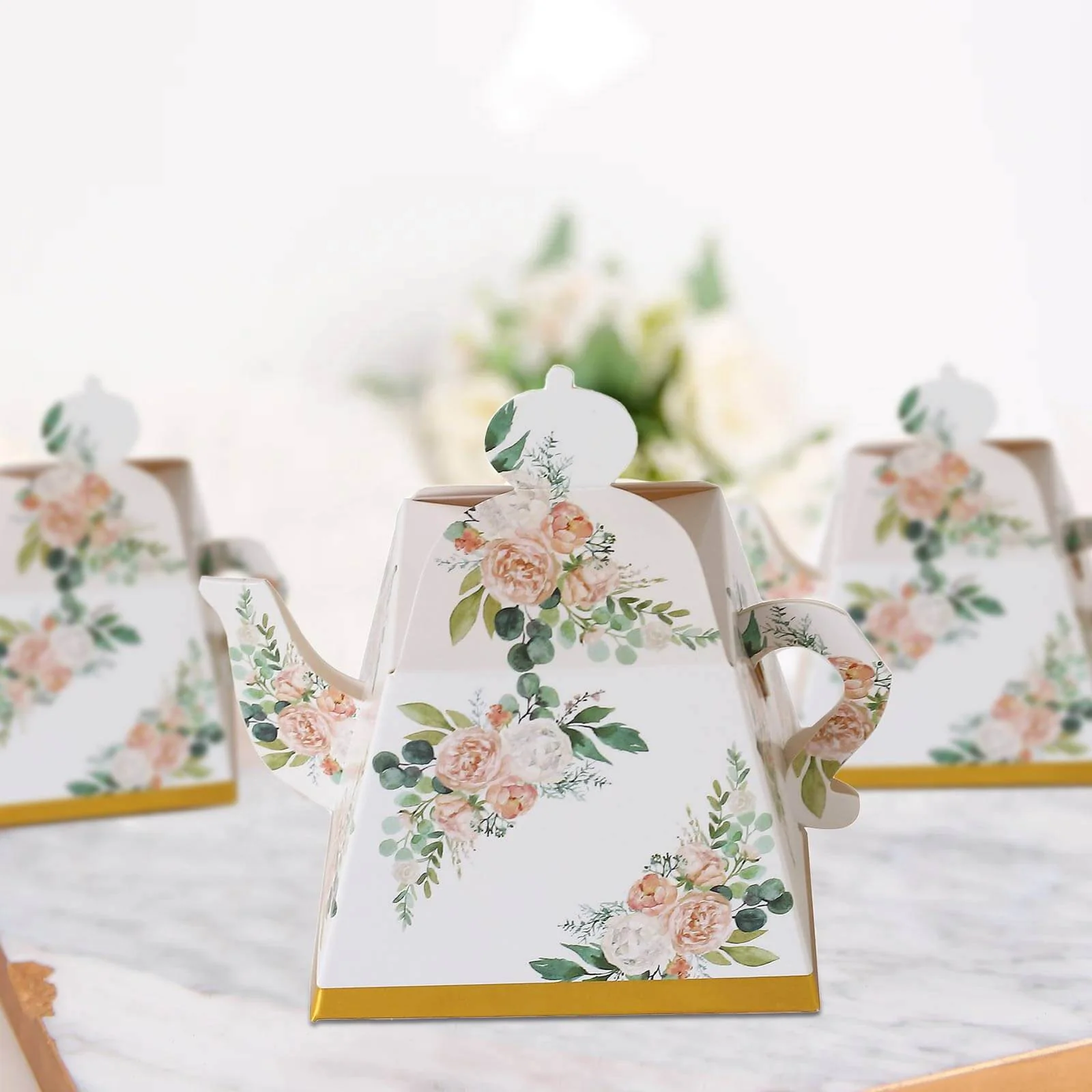 25 Pack Pink Peony Floral Mini Teapot Gift Boxes with Gold Edge, Tea Time Party Favor Boxes - 5"x4" - Image 4