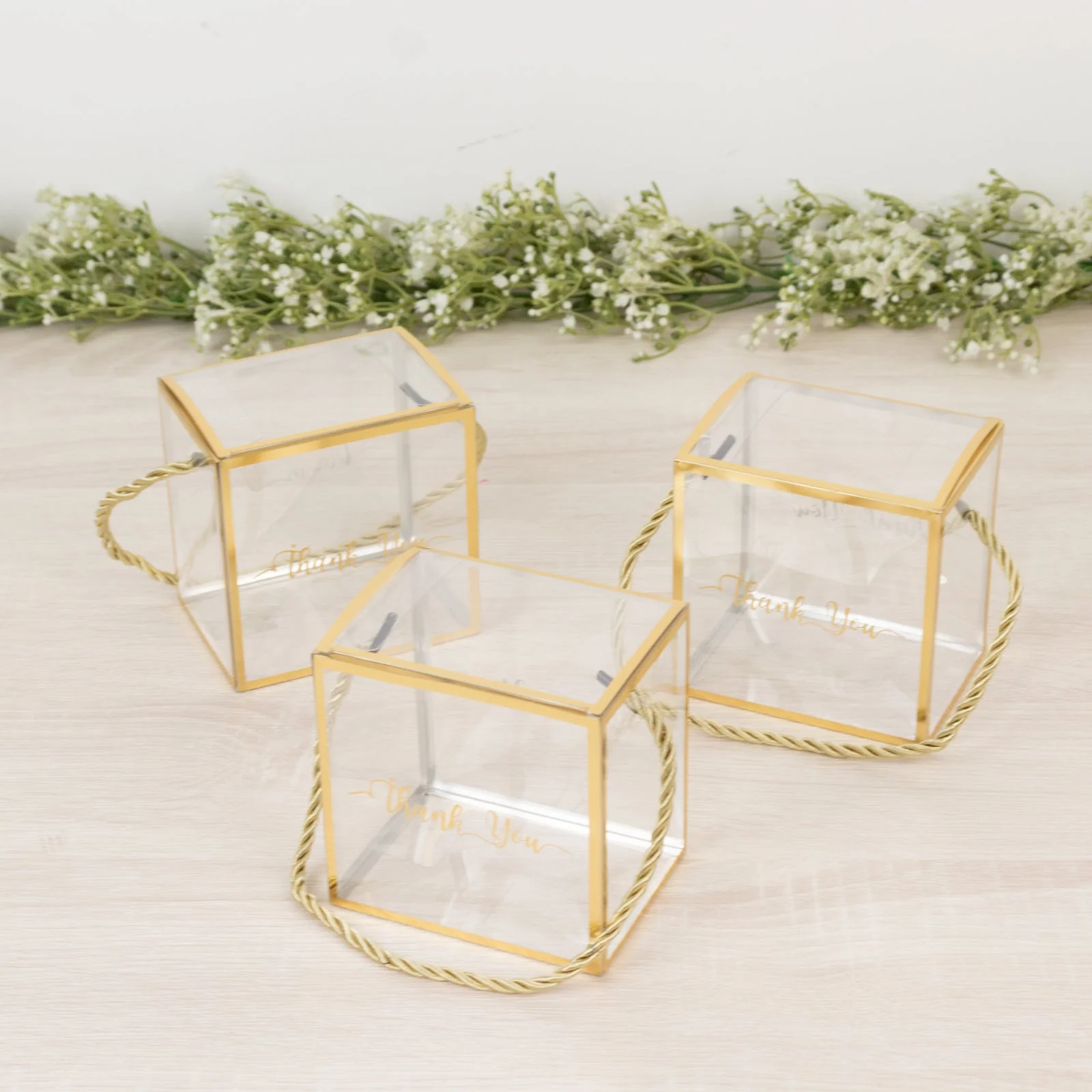 25 Pack Plastic Clear Cube Gift Boxes with Gold Trim - Transparent Favor Boxes, Rope Handle, Pre-Printed Thank You Message - 4"x4" - Image 2