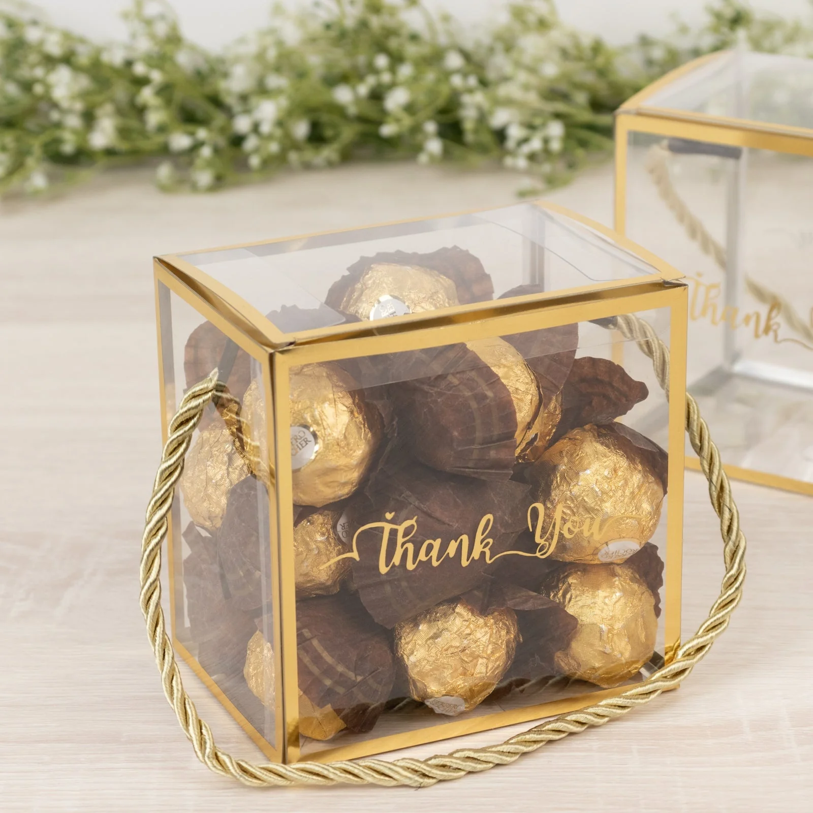 25 Pack Plastic Clear Cube Gift Boxes with Gold Trim - Transparent Favor Boxes, Rope Handle, Pre-Printed Thank You Message - 4"x4" - Image 6
