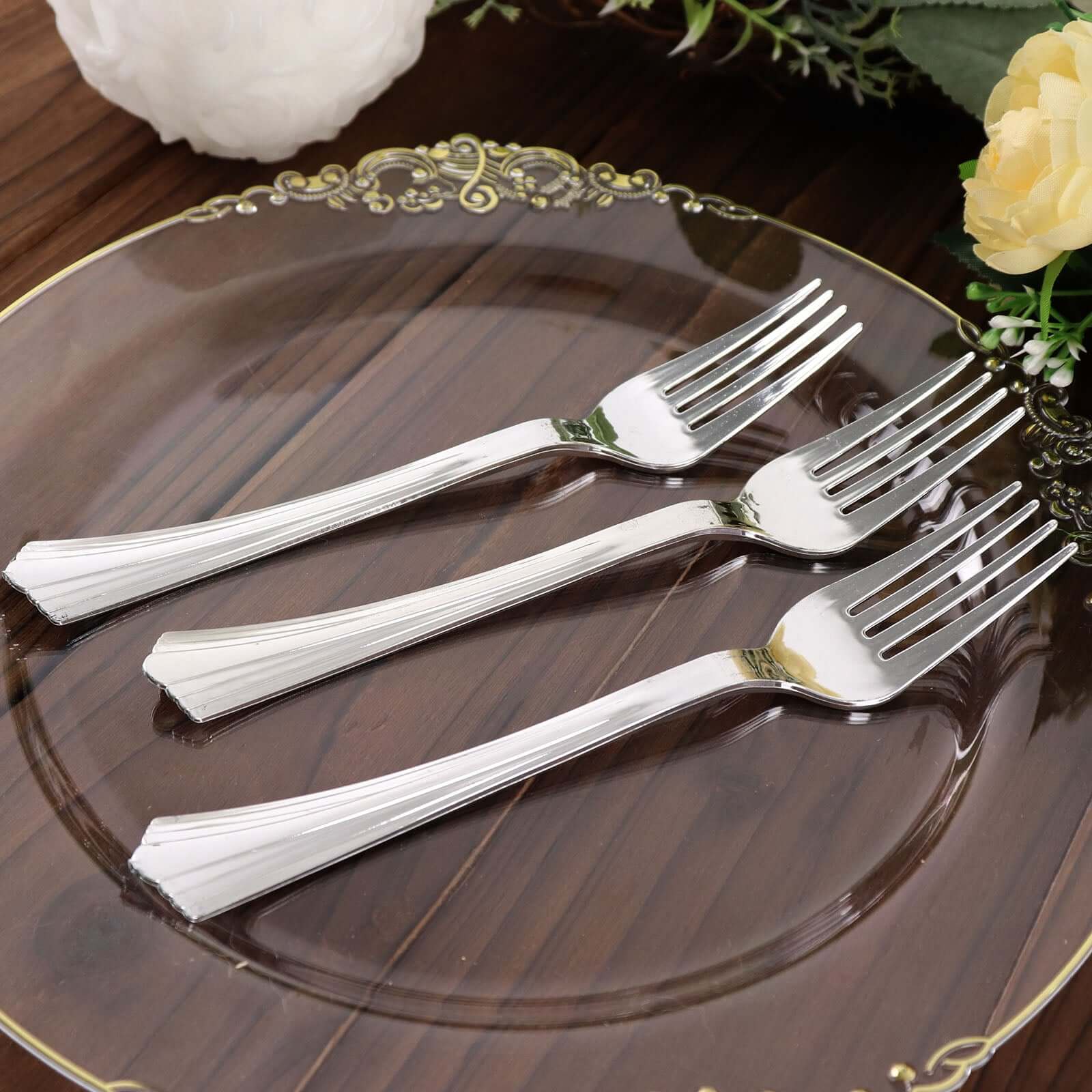 25-Pack Plastic Forks 7" Silver Heavy Duty with Fluted Handles - Disposable Utensils - Image 2