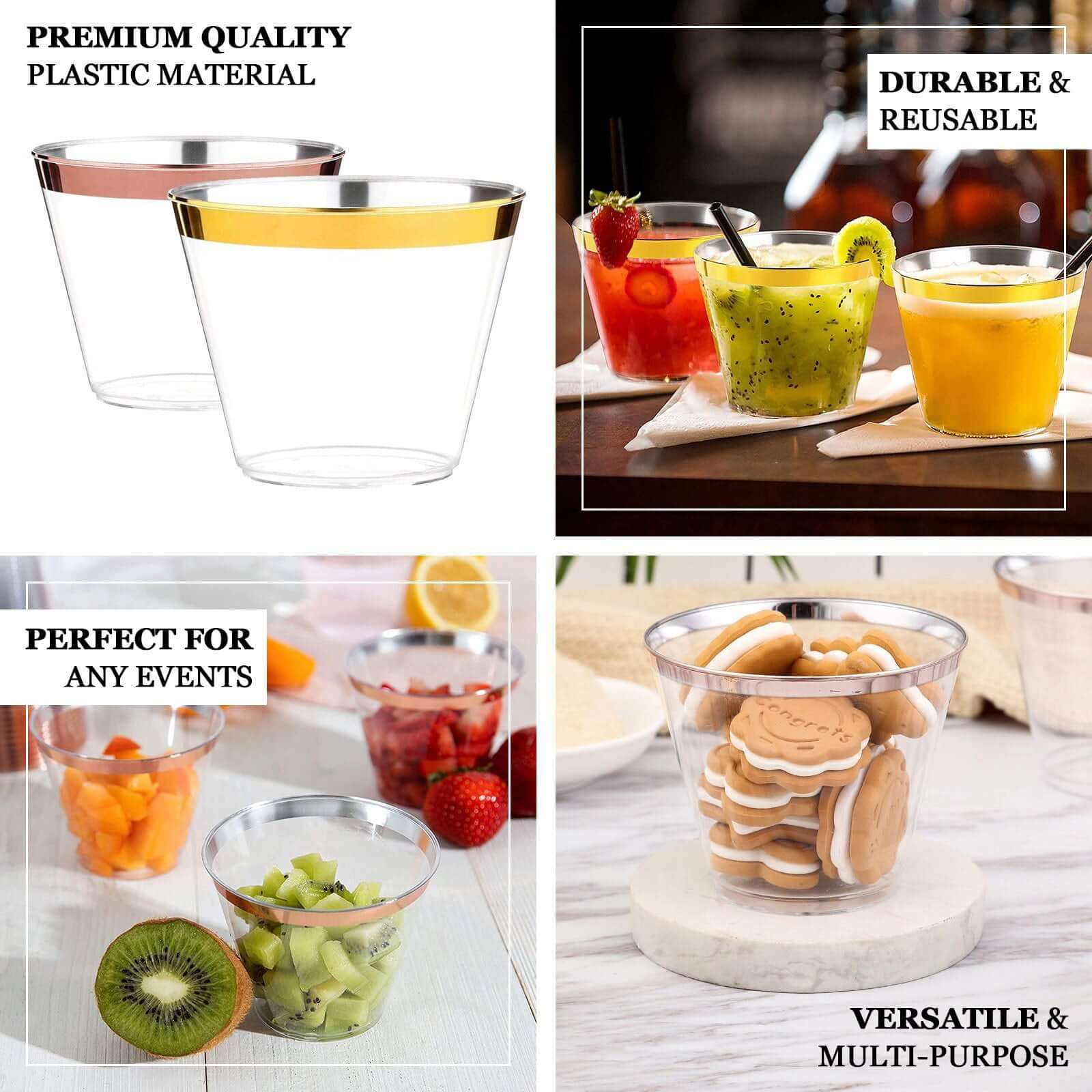 25-Pack Plastic Party Cups 9oz Amber Gold Crystal with Gold Rim - Short Disposable Drink Tumblers - Image 3