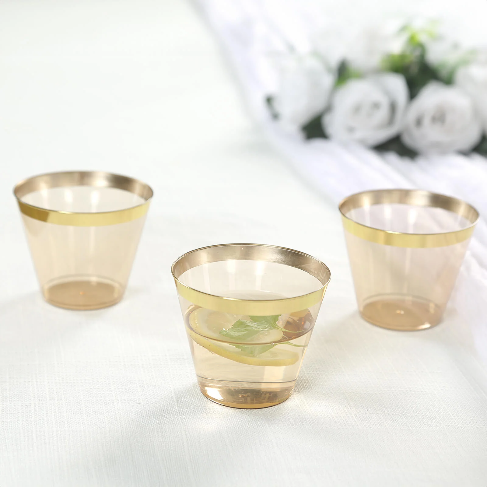 25-Pack Plastic Party Cups 9oz Amber Gold Crystal with Gold Rim - Short Disposable Drink Tumblers - Image 6
