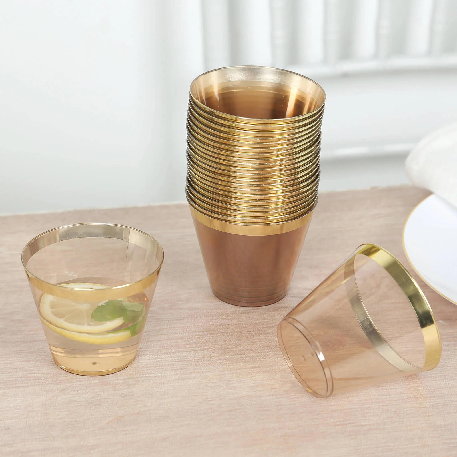 25-Pack Plastic Party Cups 9oz Amber Gold Crystal with Gold Rim - Short Disposable Drink Tumblers - Image 7