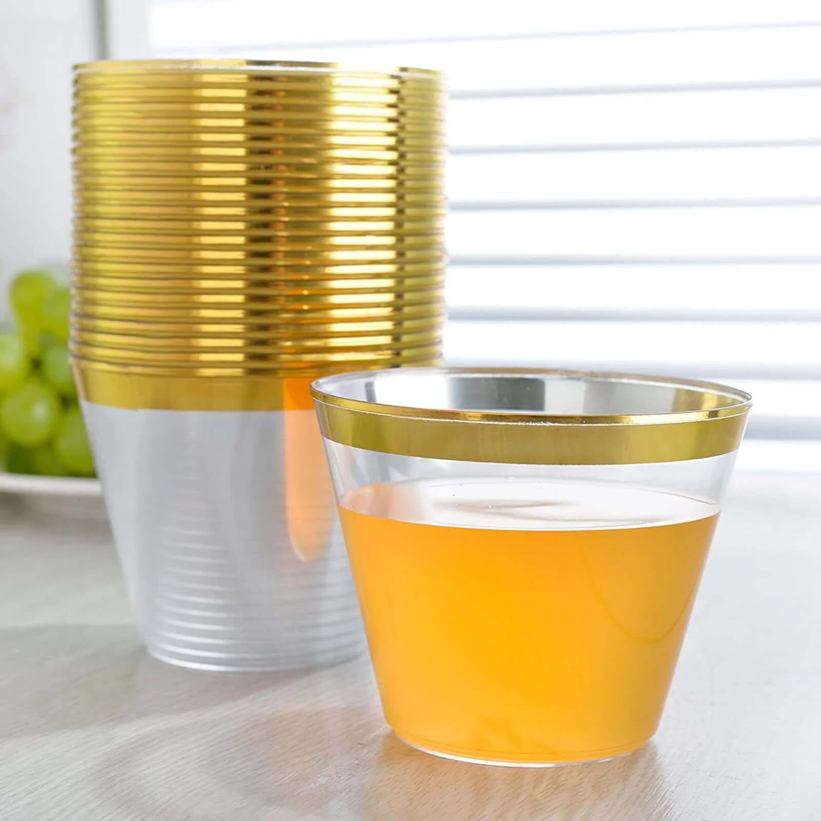 25-Pack Plastic Party Cups 9oz Clear Crystal with Gold Rim - Short Disposable Drink Tumblers - Image 7