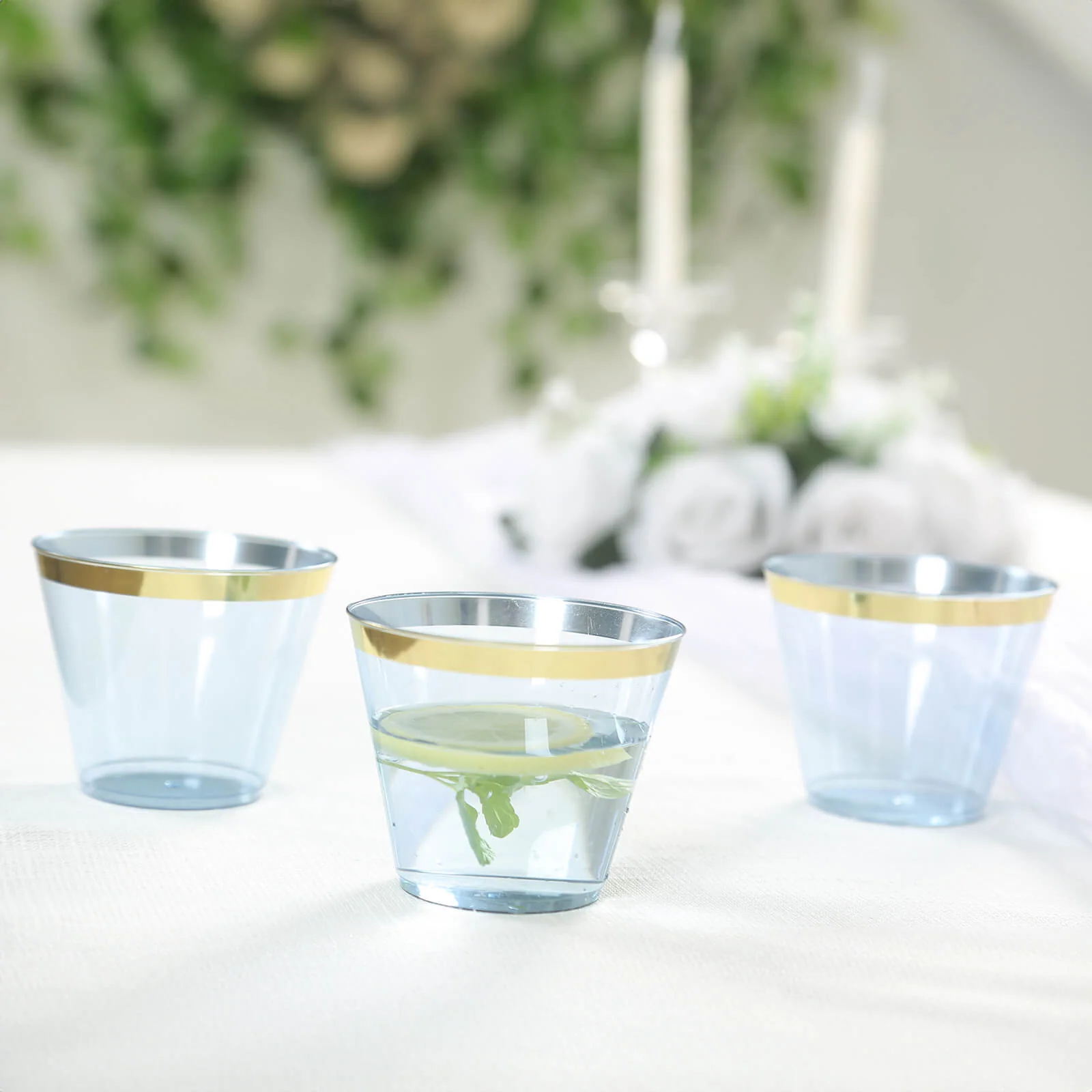 25-Pack Plastic Party Cups 9oz Dusty Blue Crystal with Gold Rim - Short Disposable Drink Tumblers - Image 2
