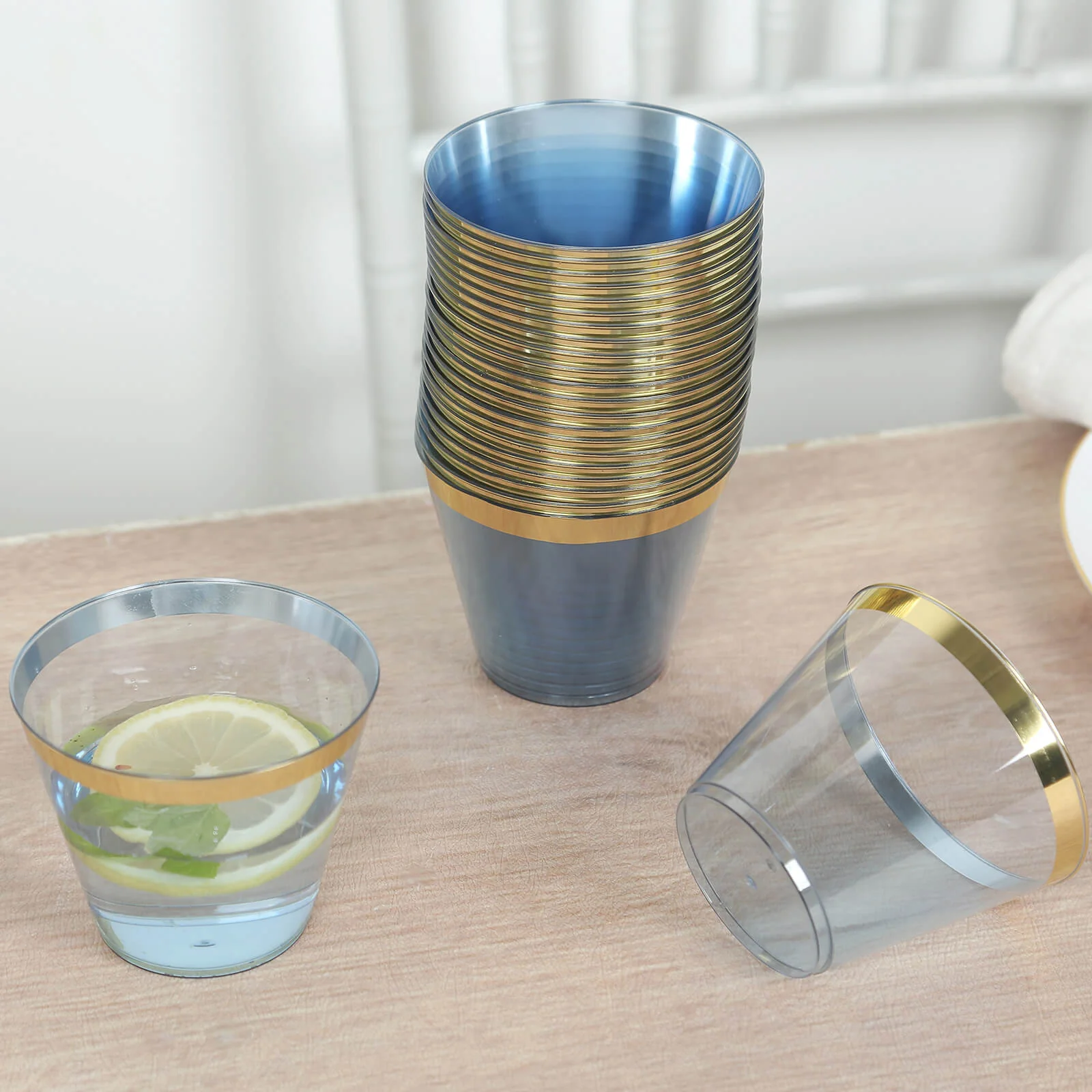 25-Pack Plastic Party Cups 9oz Dusty Blue Crystal with Gold Rim - Short Disposable Drink Tumblers - Image 7