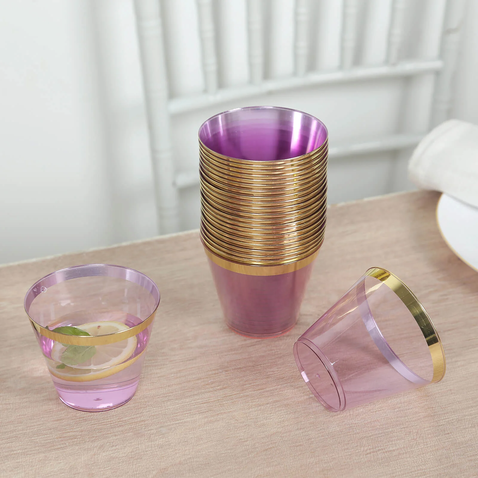 25-Pack Plastic Party Cups 9oz Purple Crystal with Gold Rim - Short Disposable Drink Tumblers - Image 7