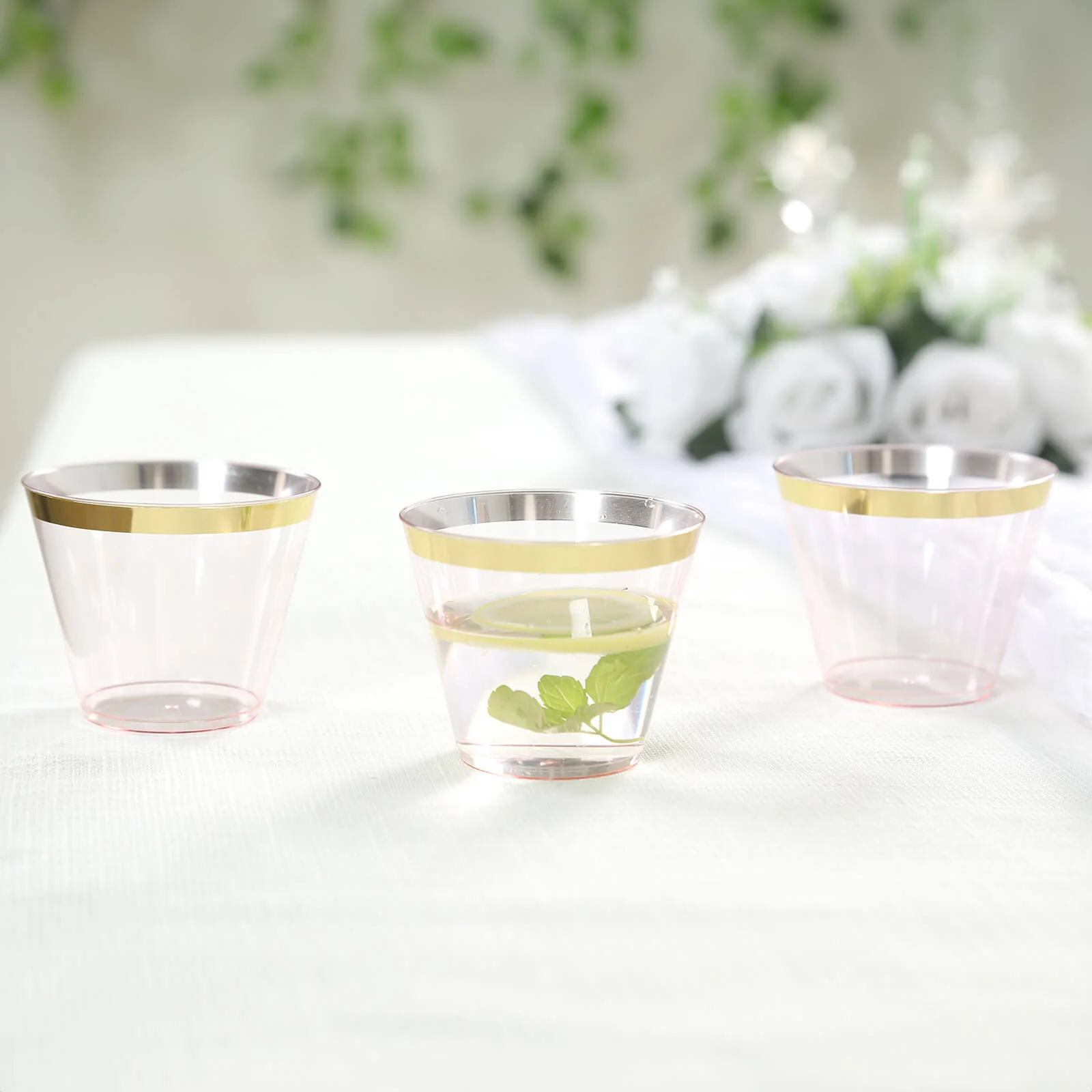25-Pack Plastic Party Cups 9oz Transparent Blush Crystal with Gold Rim - Short Disposable Drink Tumblers - Image 2