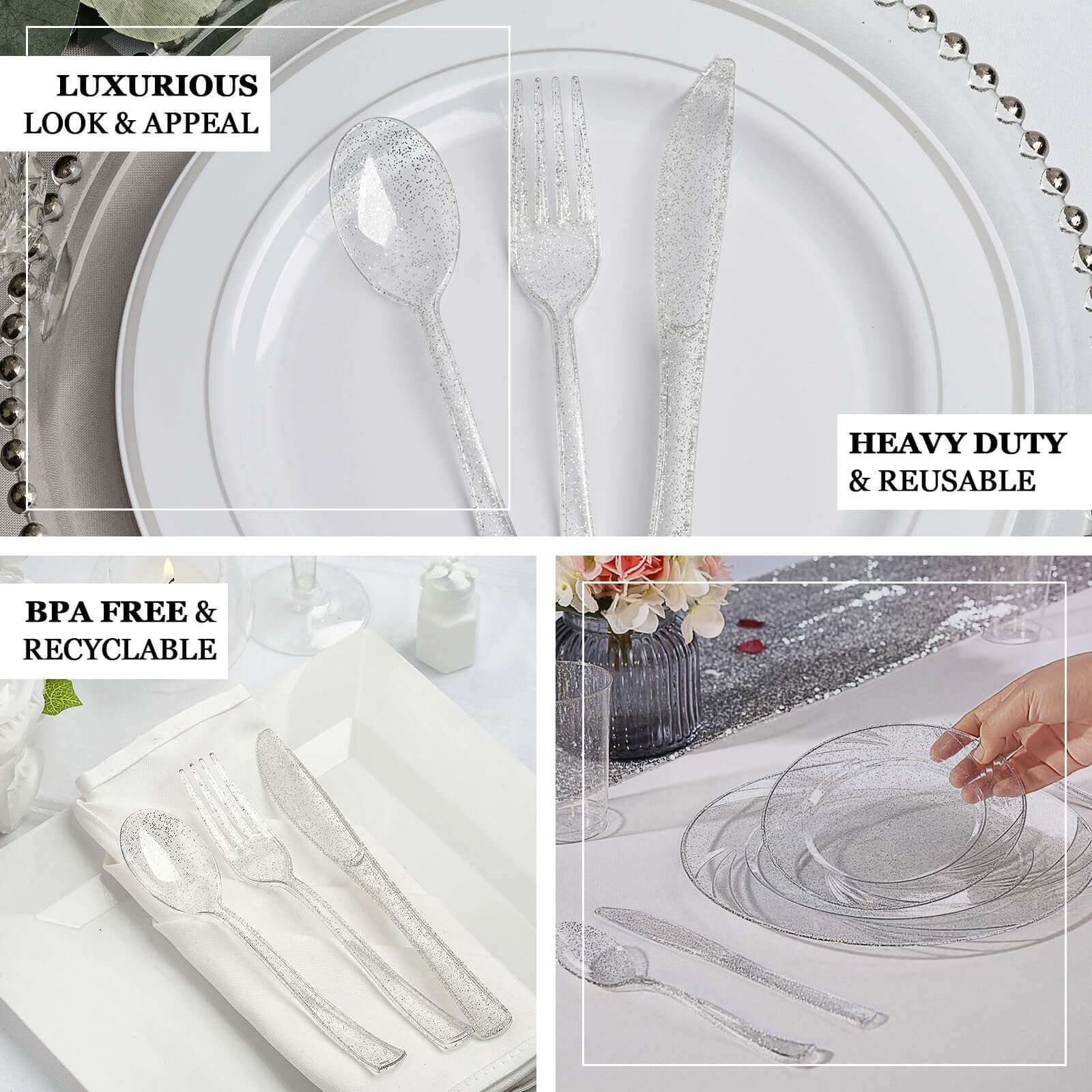 25-Pack Plastic Spoons 7" Clear Silver Glitter Classic Heavy Duty - Sparkly Disposable Utensils - Image 4