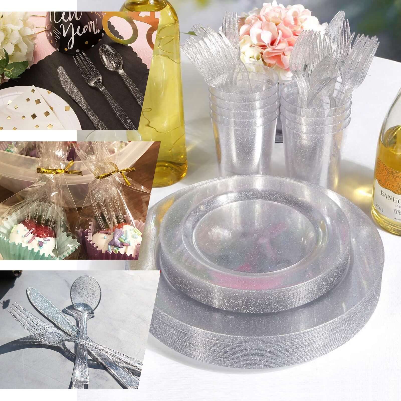 25-Pack Plastic Spoons 7" Clear Silver Glitter Classic Heavy Duty - Sparkly Disposable Utensils - Image 5