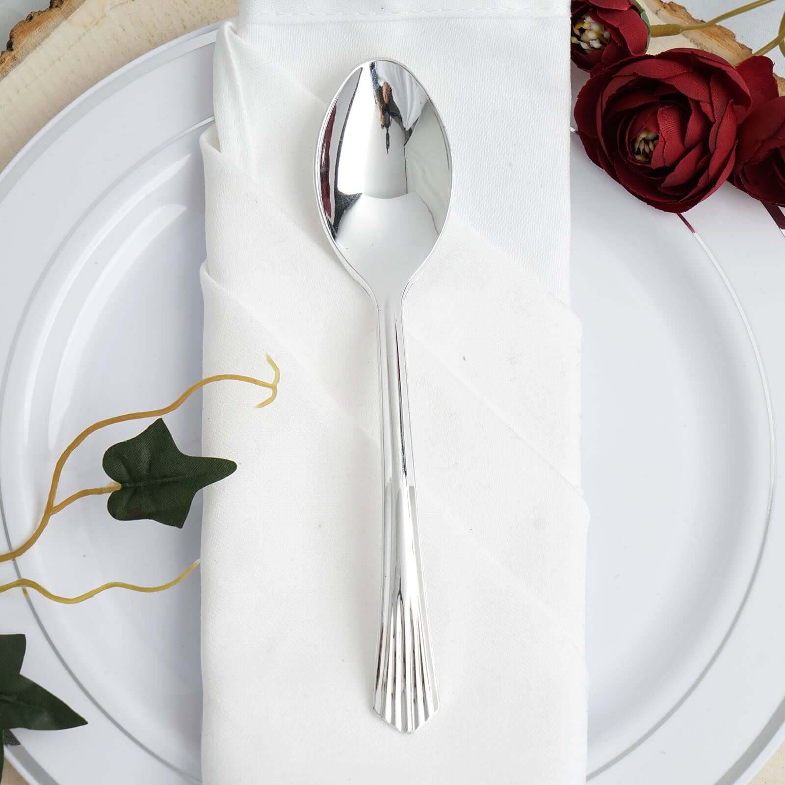 25-Pack Plastic Spoons 7" Silver Heavy Duty with Fluted Handles - Disposable Utensils - Image 10