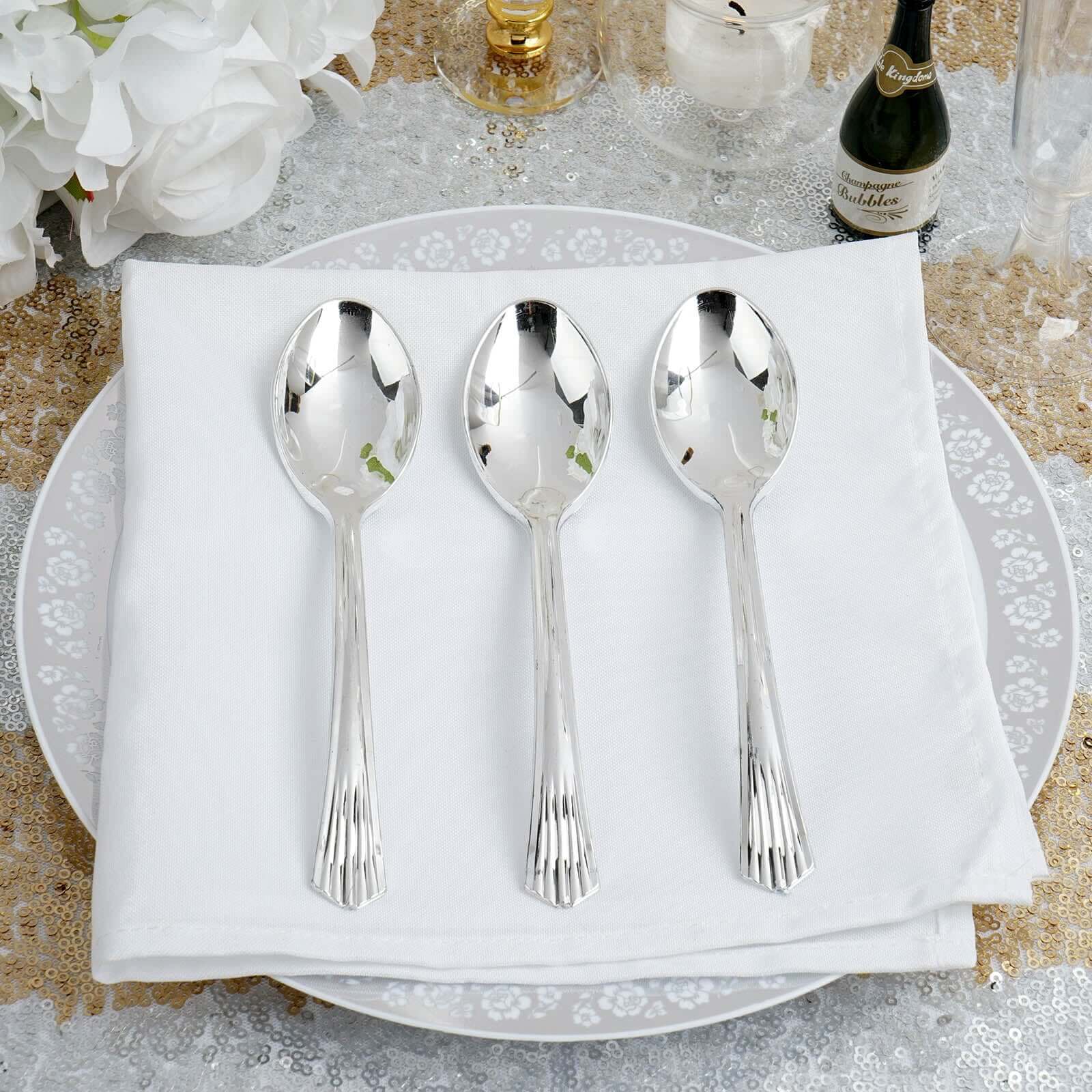 25-Pack Plastic Spoons 7" Silver Heavy Duty with Fluted Handles - Disposable Utensils - Image 13