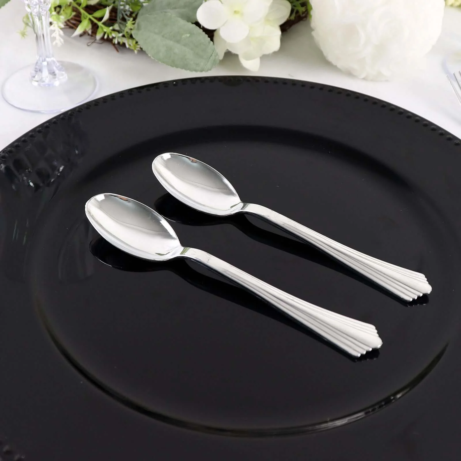 25-Pack Plastic Spoons 7" Silver Heavy Duty with Fluted Handles - Disposable Utensils - Image 15
