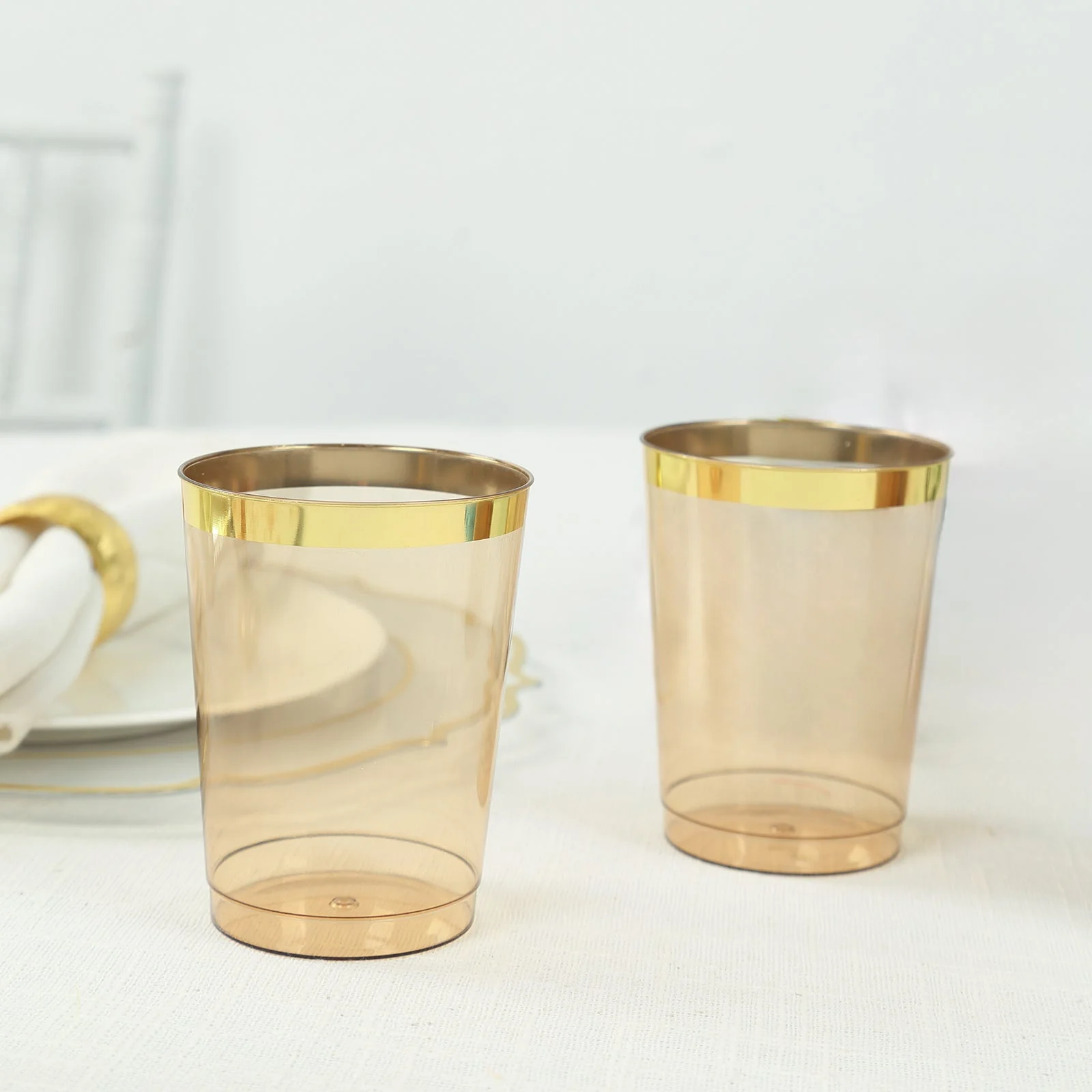 25-Pack Plastic Tumbler Cups 10oz Amber Gold with Gold Rim - Disposable Crystal Drinking Glasses for Parties