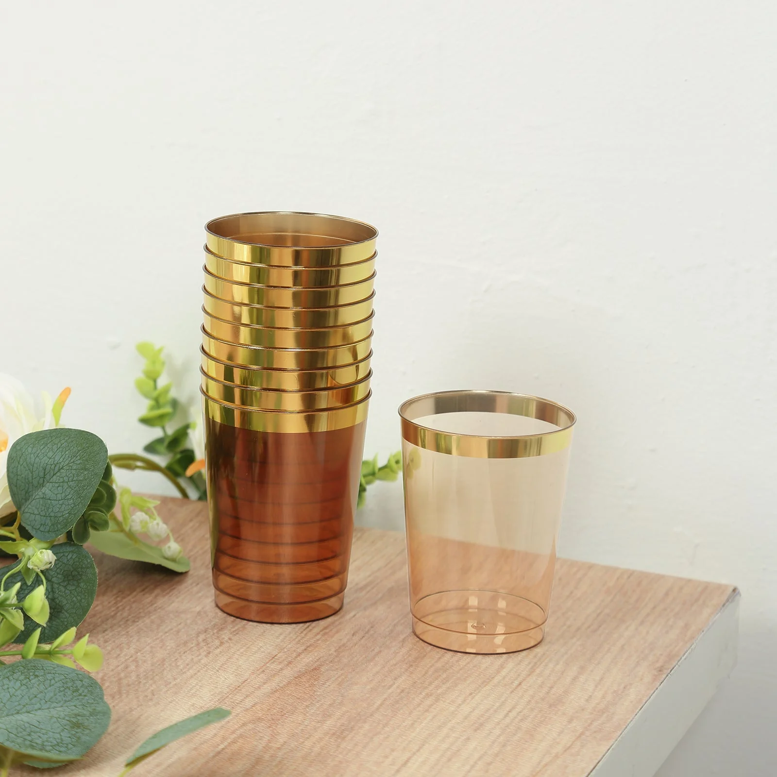 25-Pack Plastic Tumbler Cups 10oz Amber Gold with Gold Rim - Disposable Crystal Drinking Glasses for Parties - Image 6