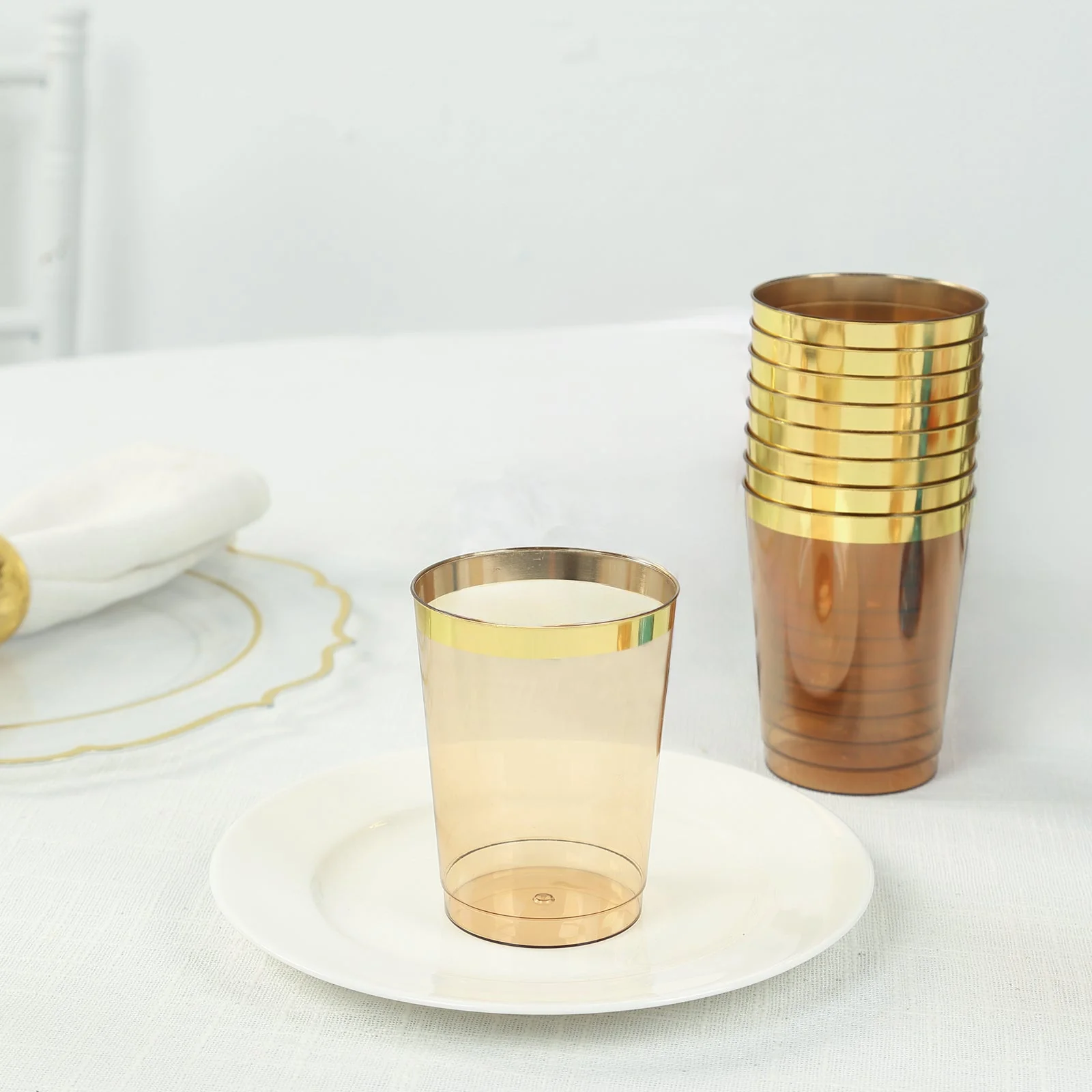 25-Pack Plastic Tumbler Cups 10oz Amber Gold with Gold Rim - Disposable Crystal Drinking Glasses for Parties - Image 7