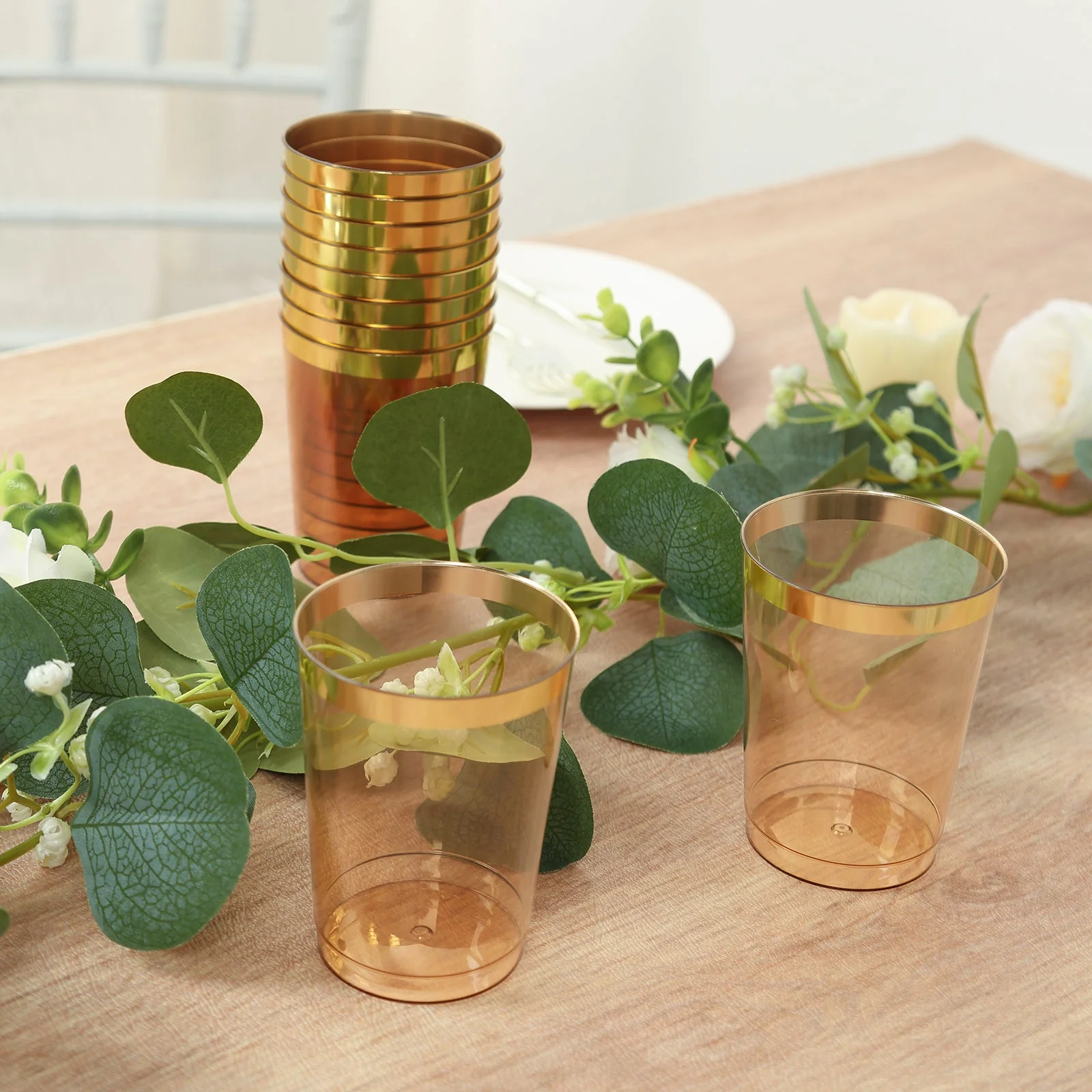 25-Pack Plastic Tumbler Cups 10oz Amber Gold with Gold Rim - Disposable Crystal Drinking Glasses for Parties - Image 8