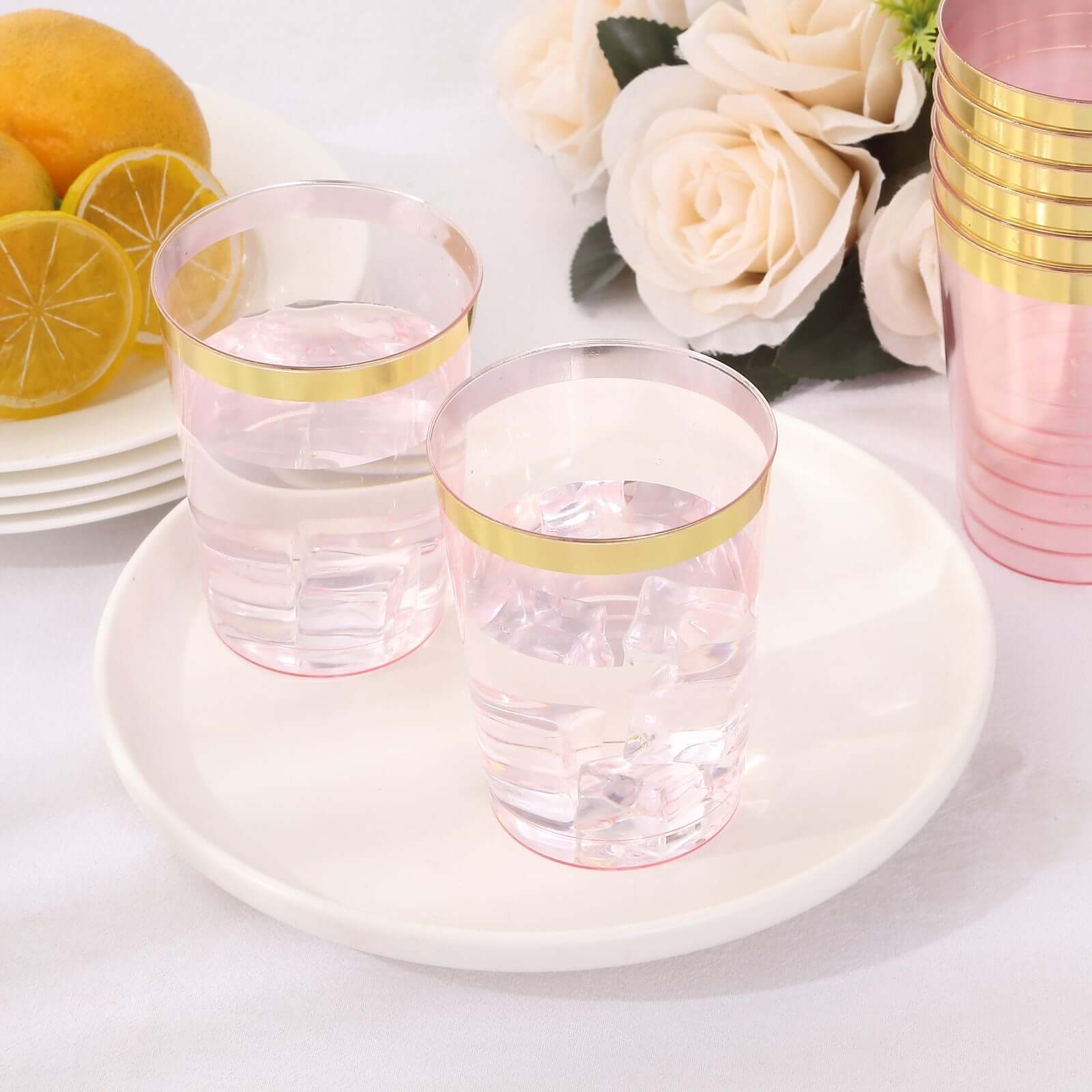25-Pack Plastic Tumbler Cups 10oz Transparent Blush with Gold Rim - Disposable Crystal Drinking Glasses for Parties - Image 2