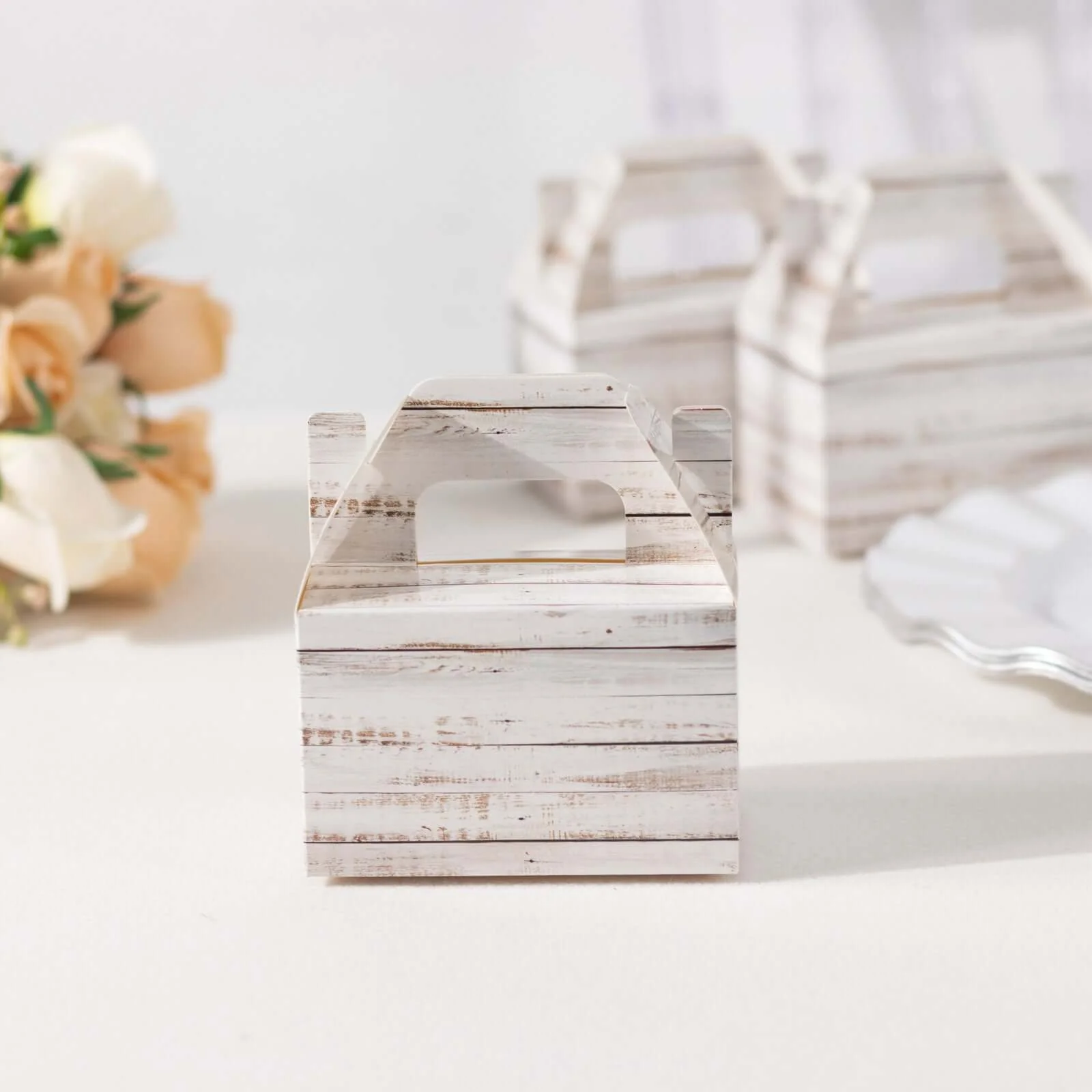 25 Pack Rustic White Party Favor Gift Gable Boxes With Wood Plank Pattern, Candy Tote Boxes 4"x2.5"x4.5" - Image 10