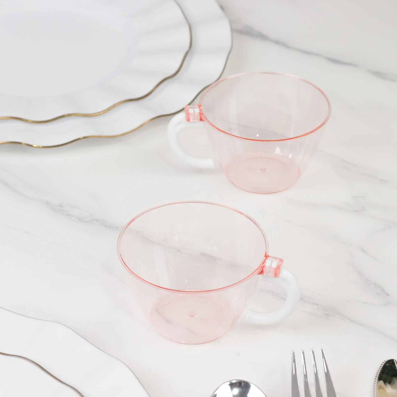 25-Pack Transparent Blush Plastic Coffee Cups with Handles 6oz - Hard Disposable Tea Mugs for Hot Drinks - Image 2