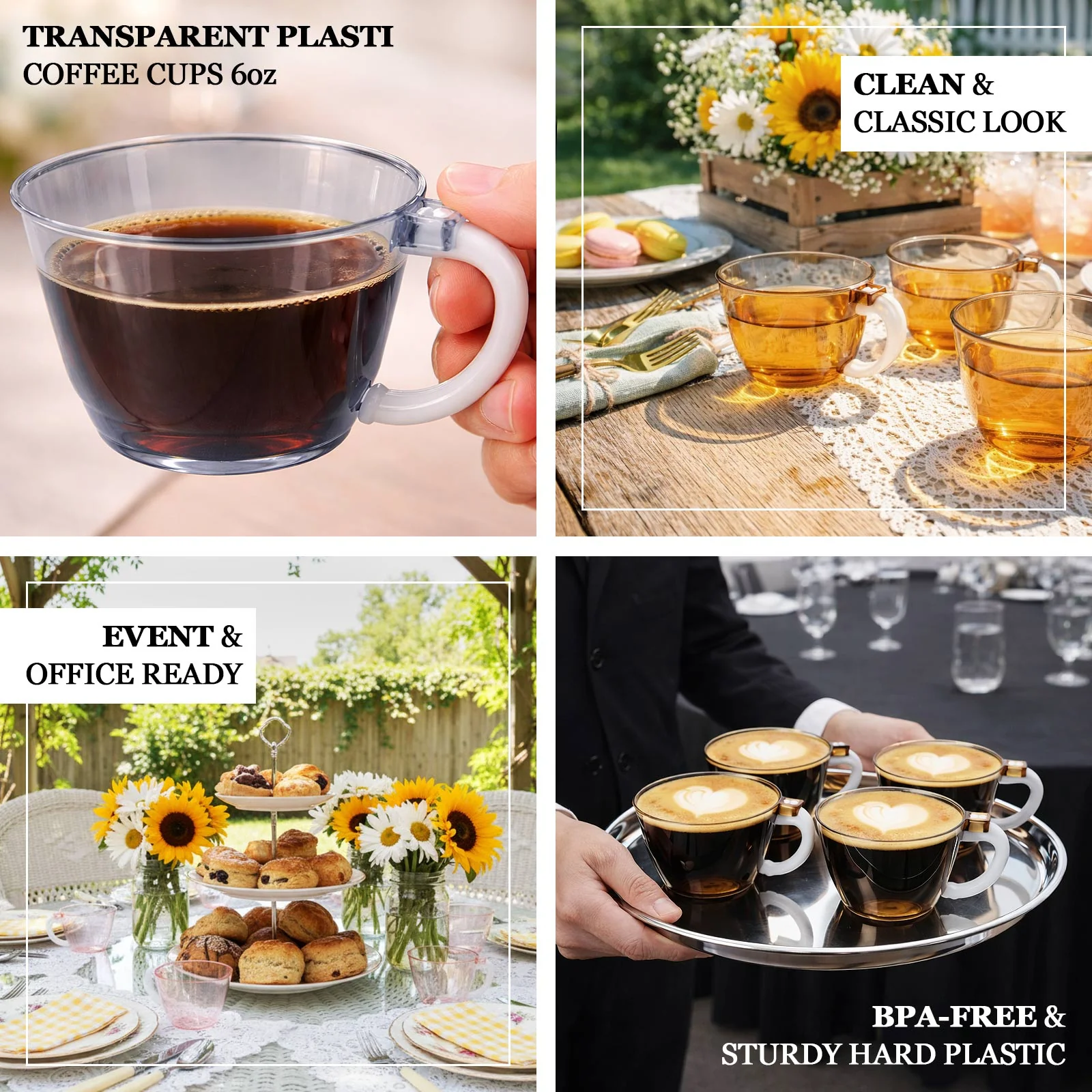 25-Pack Transparent Blush Plastic Coffee Cups with Handles 6oz - Hard Disposable Tea Mugs for Hot Drinks - Image 4