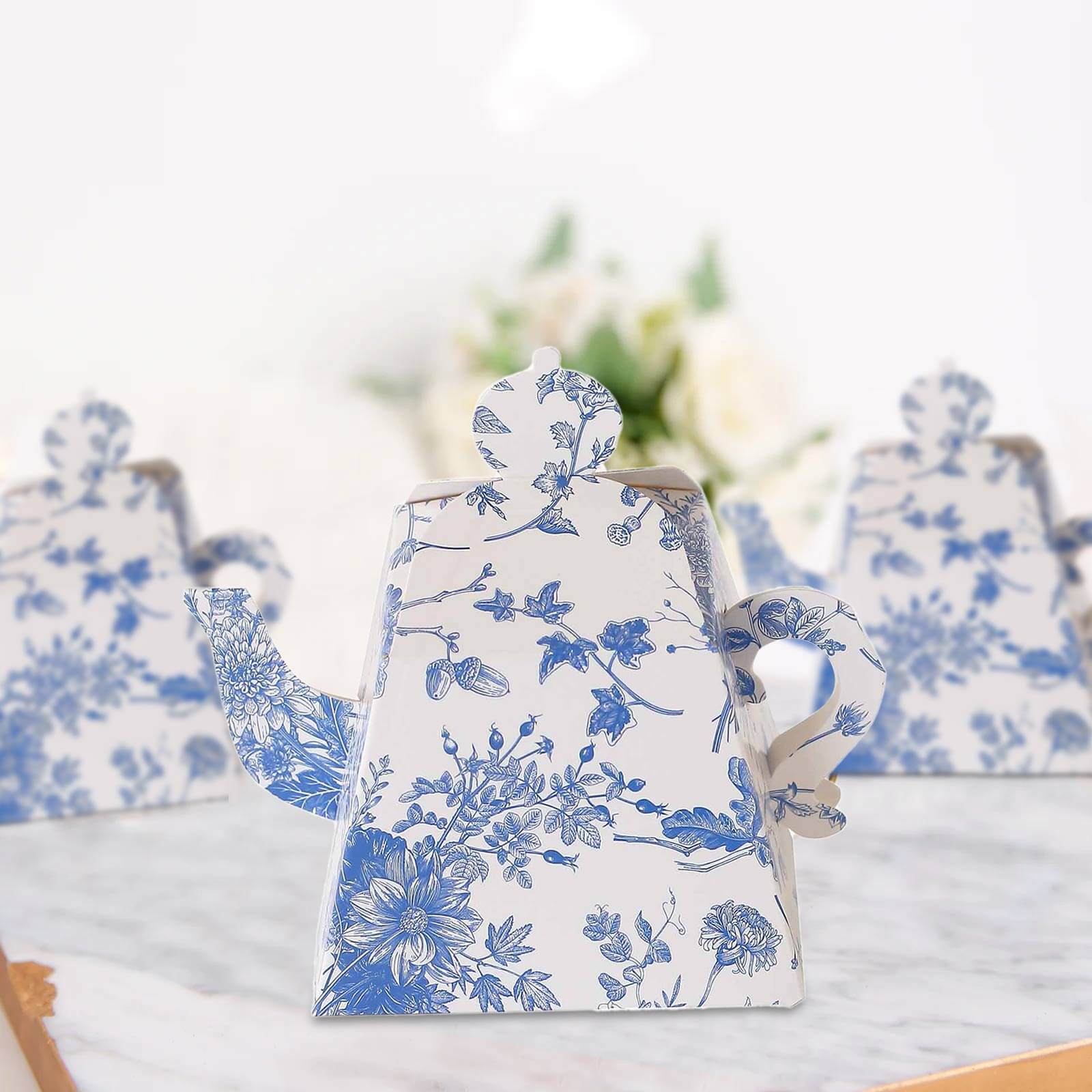 25 Pack White Blue Mini Teapot Gift Boxes in French Toile Pattern, Tea Time Party Favor Boxes - 5"x4" - Image 4