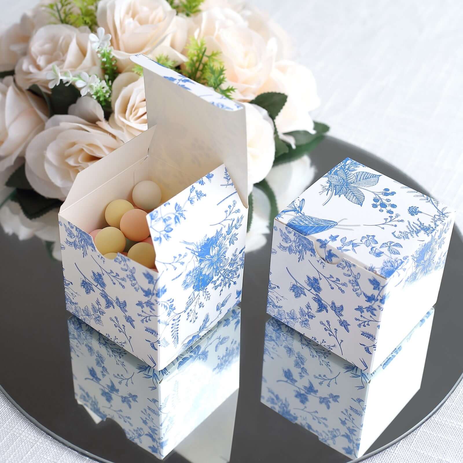 25 Pack White Blue Paper Gift Boxes in French Toile Pattern, Cardstock Party Shower Candy Favor Boxes - 3"x3"x3" - Image 2