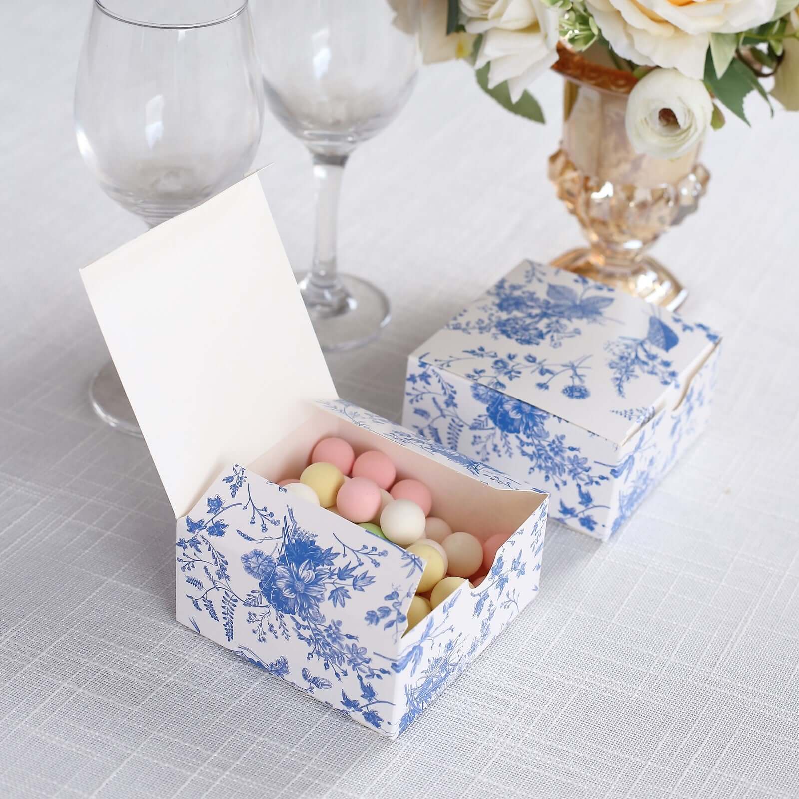 25 Pack White Blue Paper Gift Boxes in French Toile Pattern, Cardstock Party Shower Candy Favor Boxes - 4"x4"x2" - Image 2