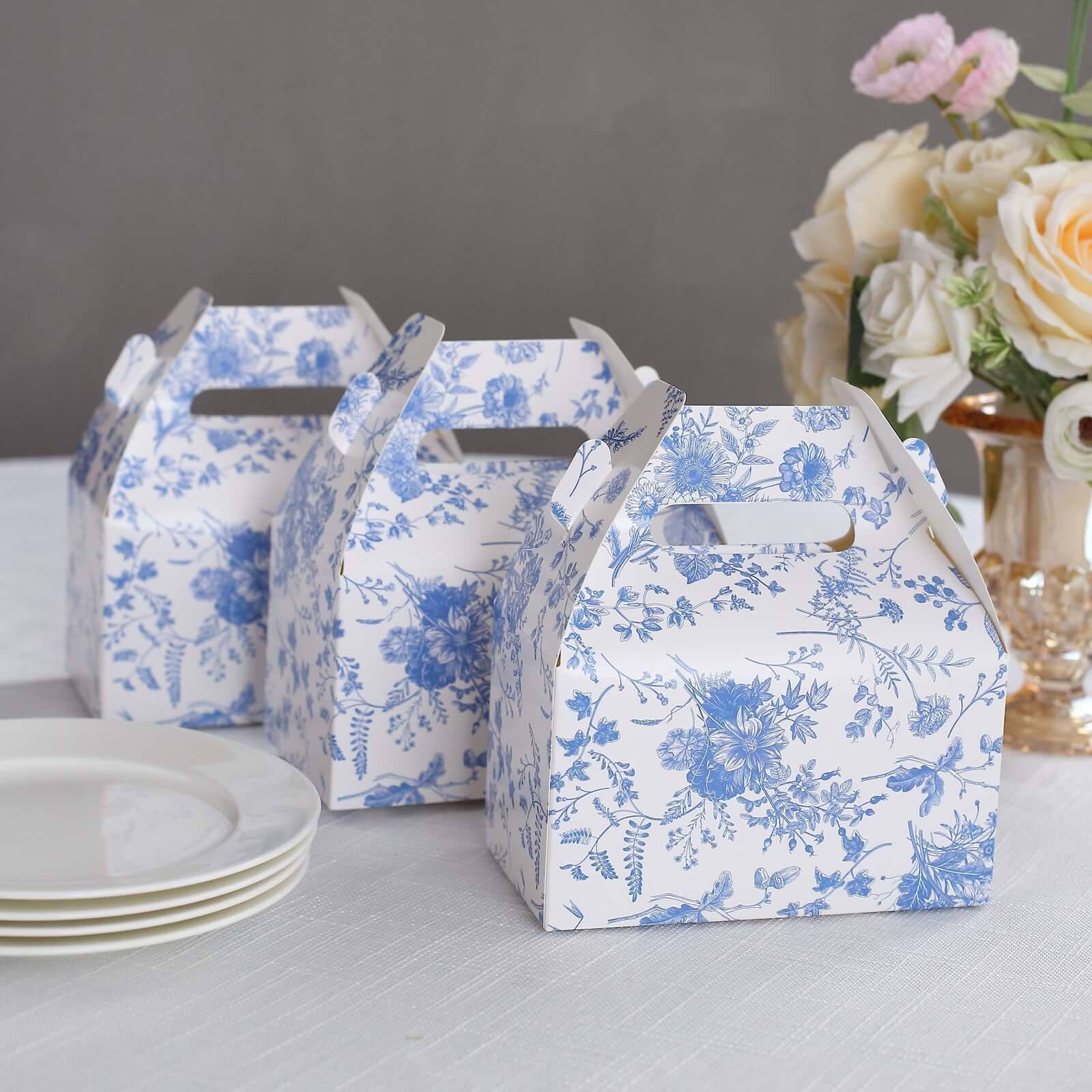 25 Pack White Blue Party Favor Gift Tote Gable Boxes in French Toile Pattern, Candy Treat Boxes - 6"x3.5"x7" - Image 2