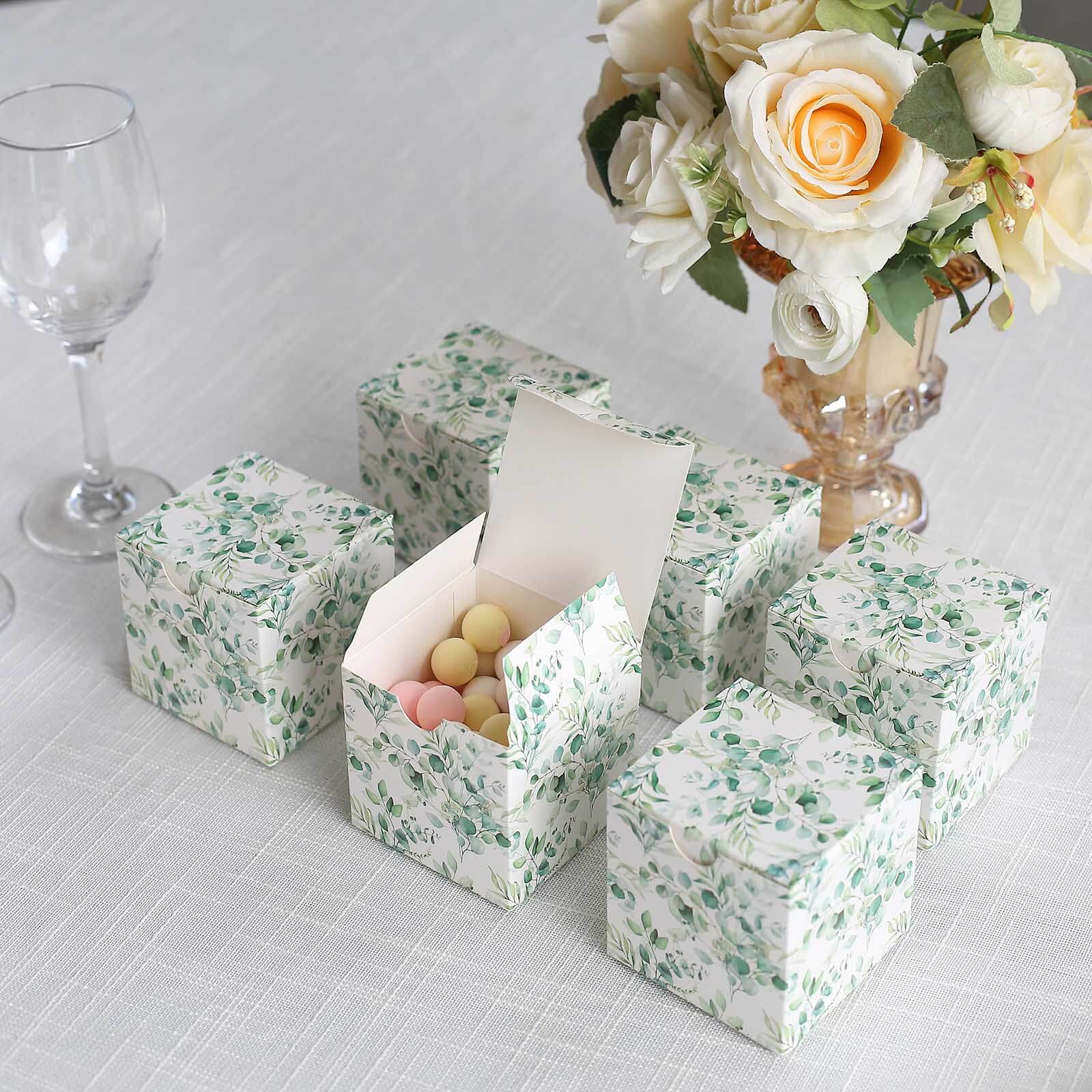 25 Pack White Green Eucalyptus Leaves Print Paper Gift Boxes, Cardstock Party Shower Candy Favor Boxes - 3"x3"x3" - Image 2