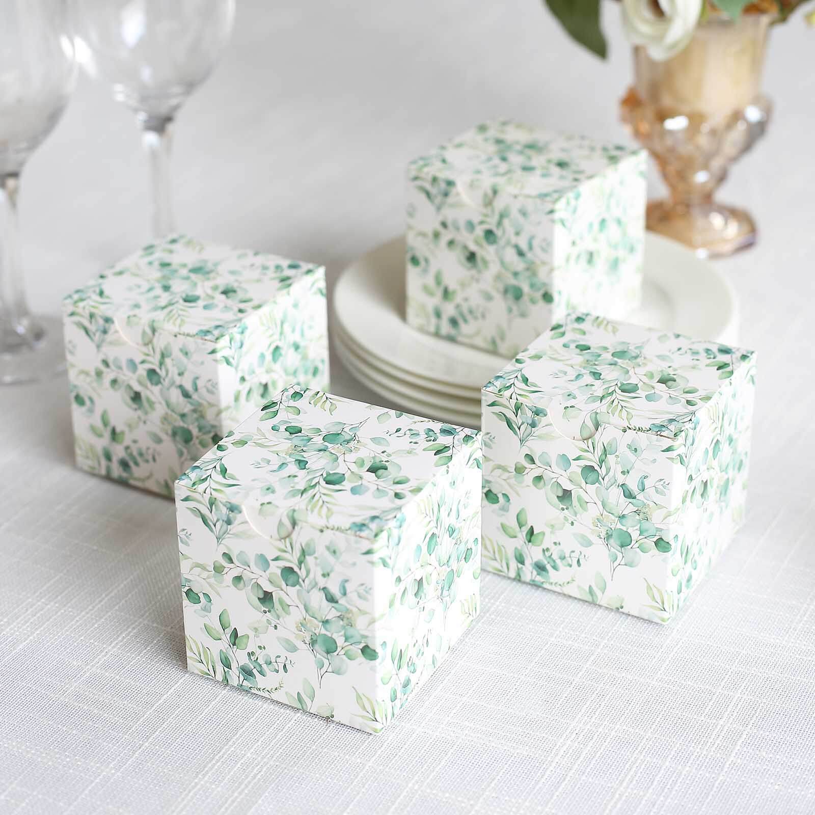 25 Pack White Green Eucalyptus Leaves Print Paper Gift Boxes, Cardstock Party Shower Candy Favor Boxes - 3"x3"x3" - Image 7