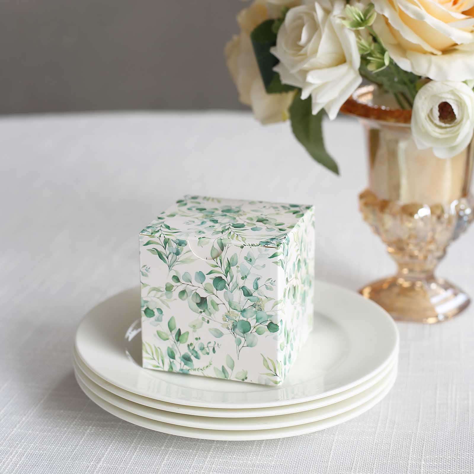 25 Pack White Green Eucalyptus Leaves Print Paper Gift Boxes, Cardstock Party Shower Candy Favor Boxes - 3"x3"x3" - Image 9