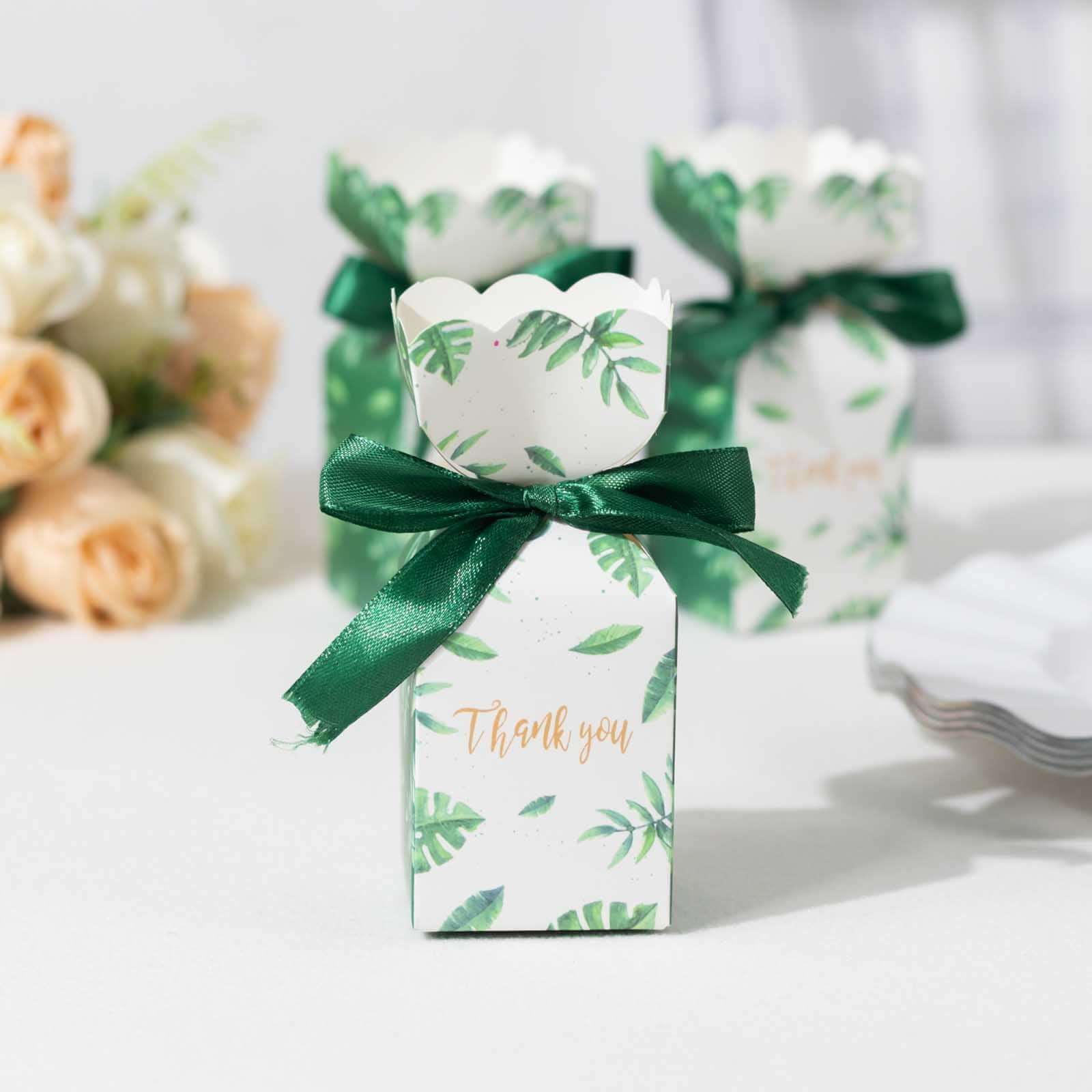 25 Pack White Green Leaf Print Satin Ribbon Party Favor Boxes With Floral Top, Cardstock Paper Candy Gift Boxes - 2"x5" - Image 11