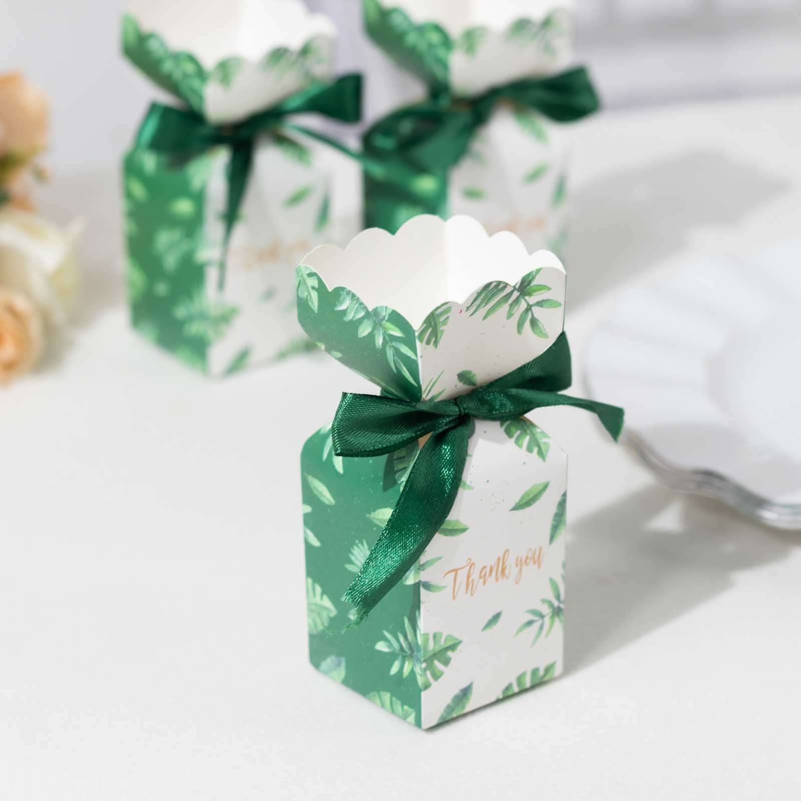 25 Pack White Green Leaf Print Satin Ribbon Party Favor Boxes With Floral Top, Cardstock Paper Candy Gift Boxes - 2"x5" - Image 12