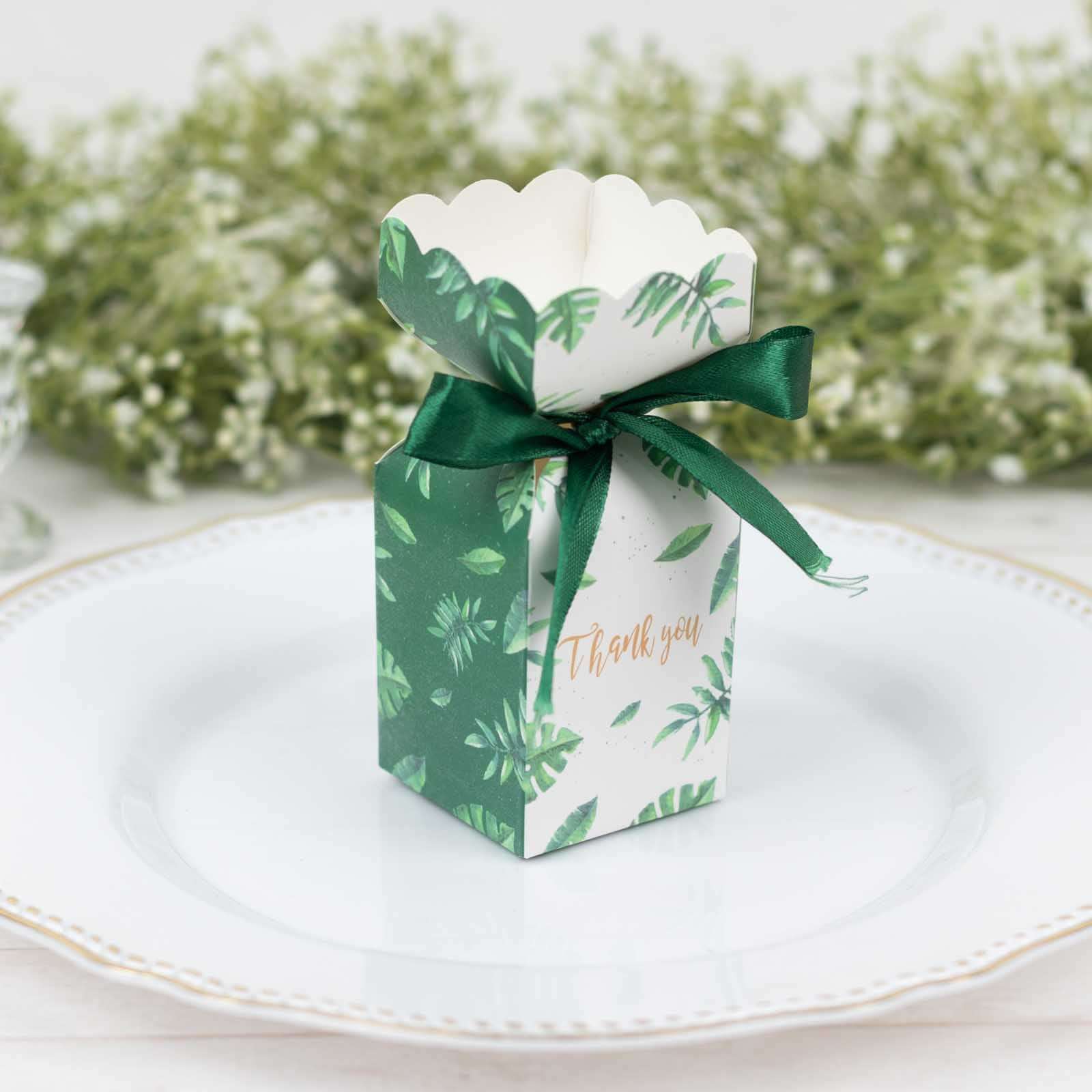 25 Pack White Green Leaf Print Satin Ribbon Party Favor Boxes With Floral Top, Cardstock Paper Candy Gift Boxes - 2"x5" - Image 13