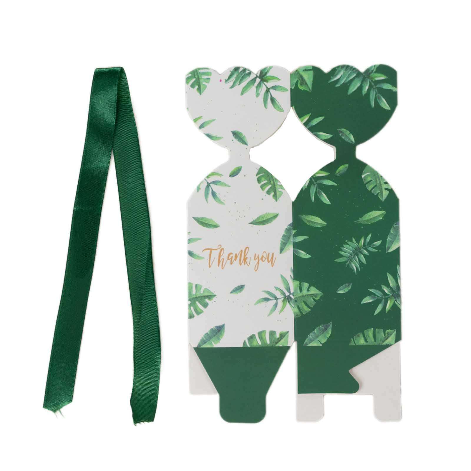 25 Pack White Green Leaf Print Satin Ribbon Party Favor Boxes With Floral Top, Cardstock Paper Candy Gift Boxes - 2"x5" - Image 14