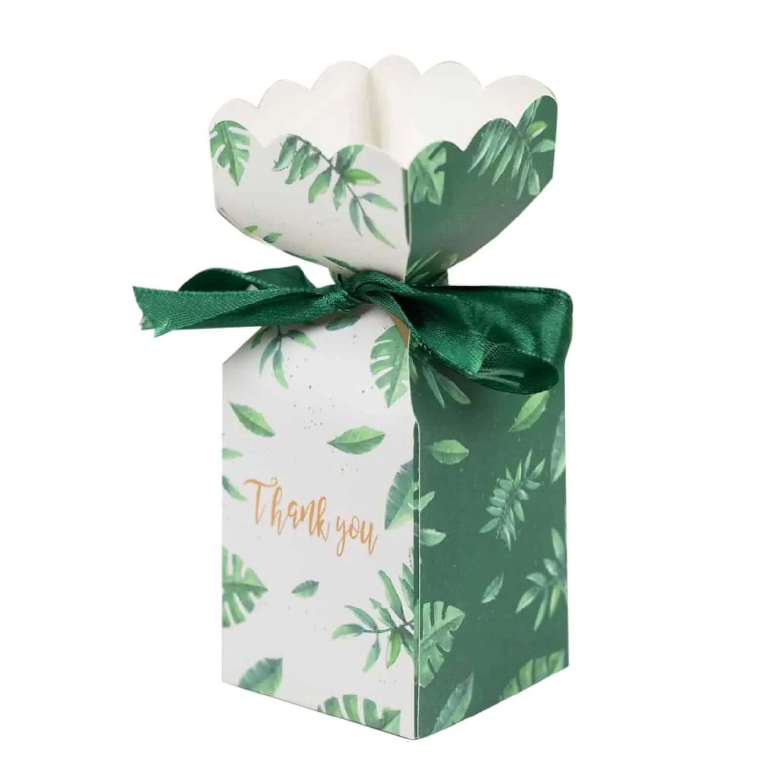 25 Pack White Green Leaf Print Satin Ribbon Party Favor Boxes With Floral Top, Cardstock Paper Candy Gift Boxes - 2"x5" - Image 15
