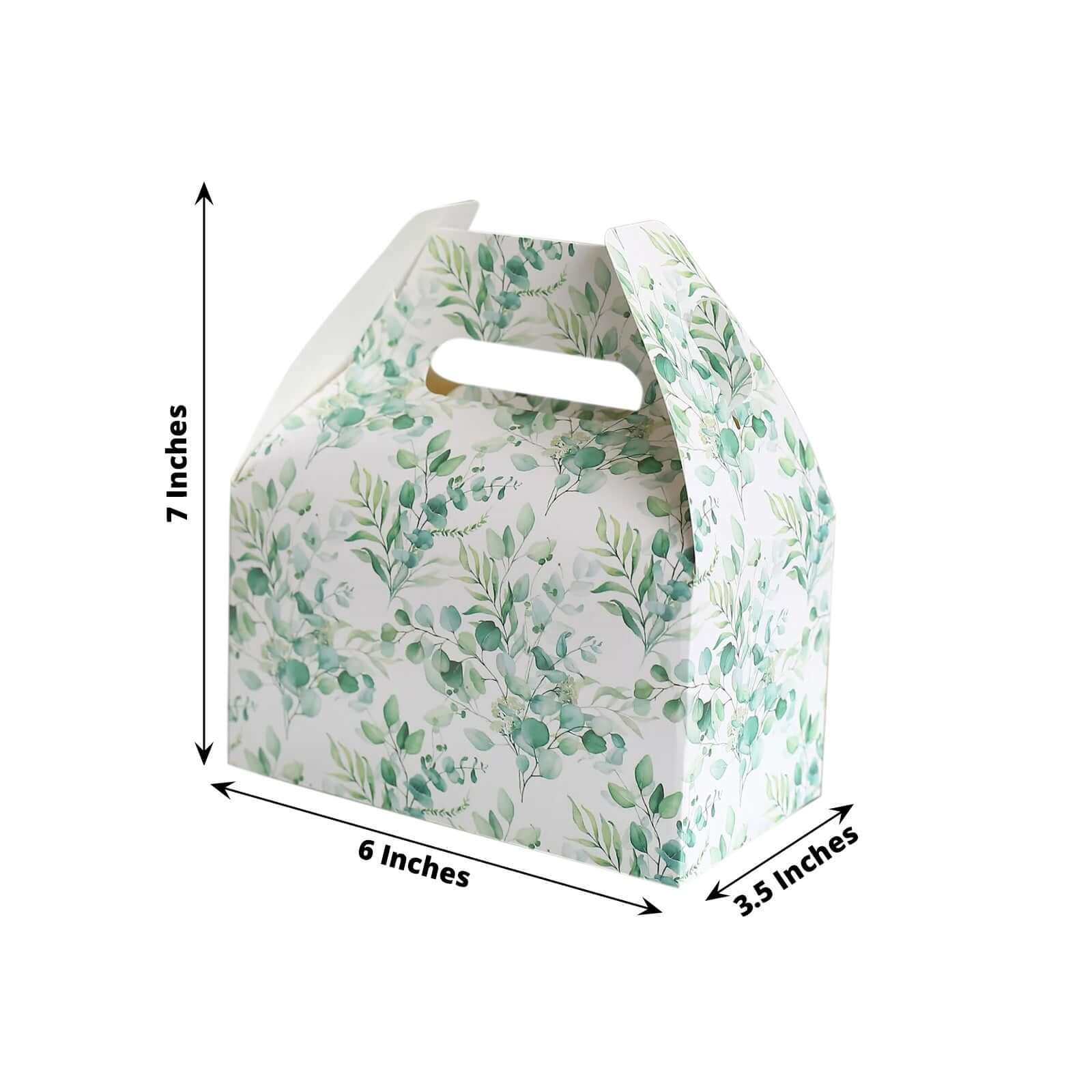 25 Pack White Green Party Favor Gift Tote Gable Boxes with Eucalyptus Leaves Print, Candy Treat Boxes - 6"x3.5"x7" - Image 3