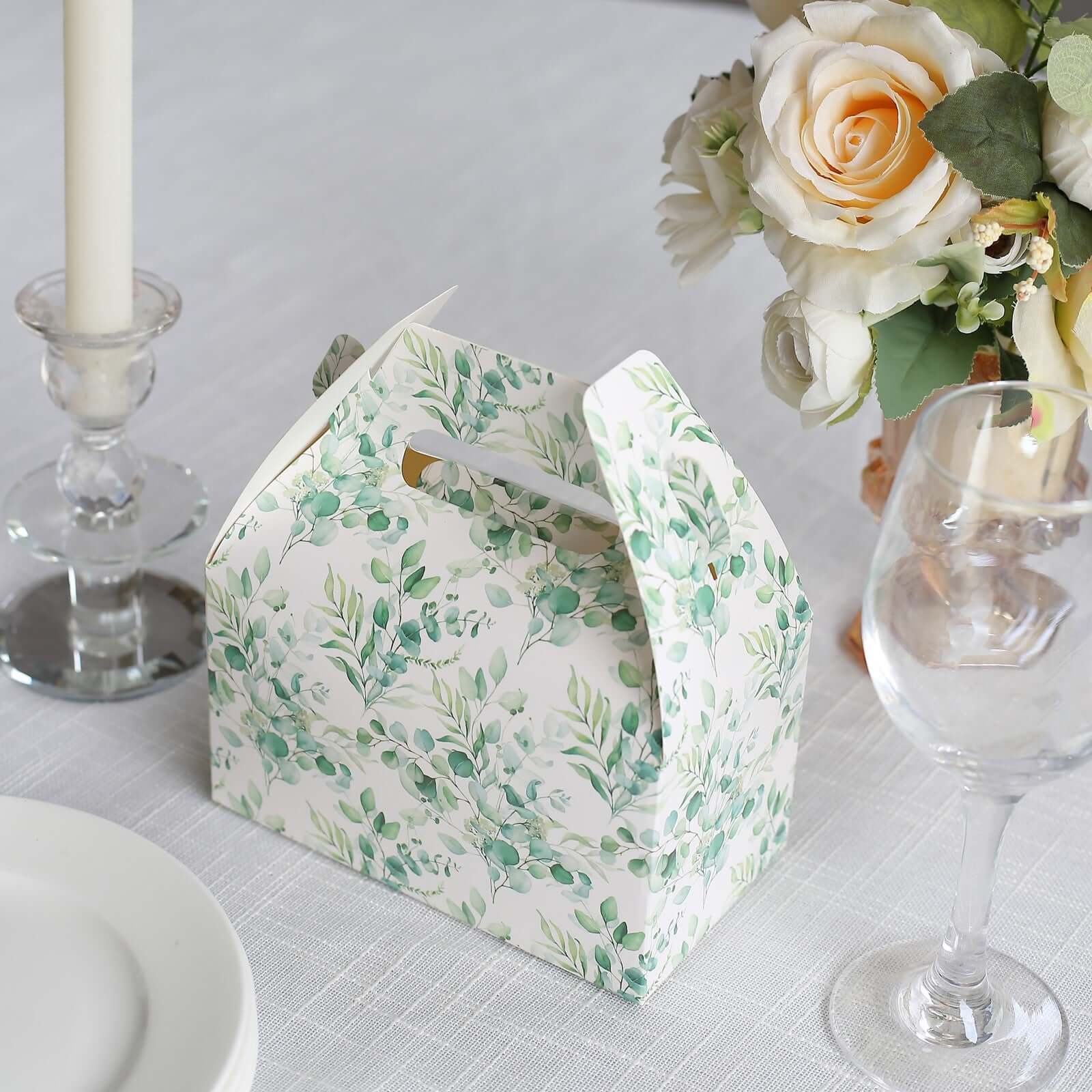 25 Pack White Green Party Favor Gift Tote Gable Boxes with Eucalyptus Leaves Print, Candy Treat Boxes - 6"x3.5"x7" - Image 5