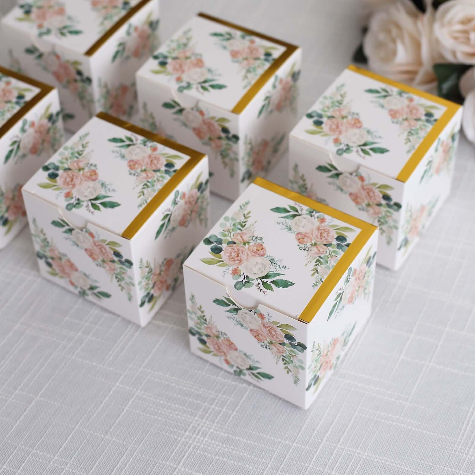 25 Pack White Pink Peony Flowers Print Paper Gift Boxes with Gold Edge, Cardstock Party Shower Candy Favor Boxes - 3"x3"x3" - Image 10